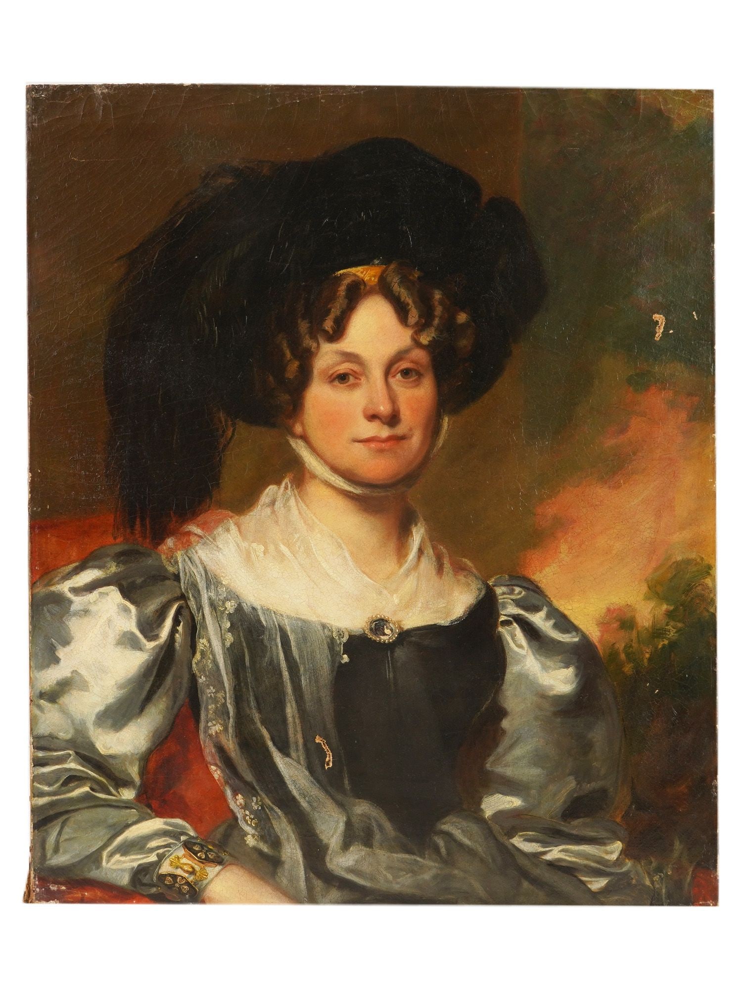 ANTIQUE EUROPEAN SCHOOL OIL PORTRAIT PAINTING: An antique 19th century European school oil on canvas on board portrait painting. This beautifully executed painting depicts a smartly dressed noble lady in a gray-black silk dress with a light, trans