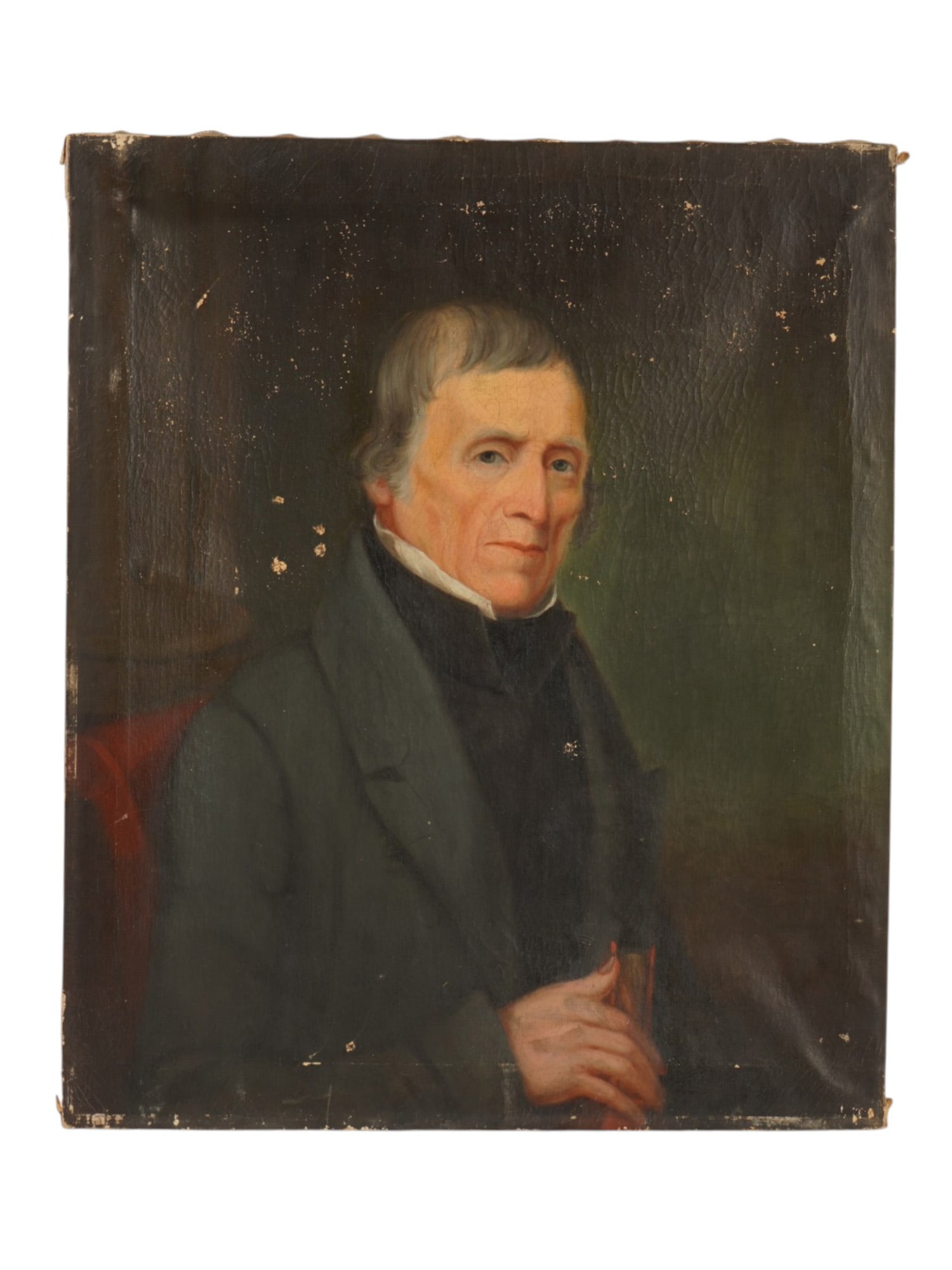 ANTIQUE 19TH C EUROPEAN SCHOOL OIL PORTRAIT PAINTING: An antique 19th-century European school oil on canvas portrait painting. Executed in a traditional academic style the painting depicts an elderly gentleman in a formal three-quarter-length pose agains