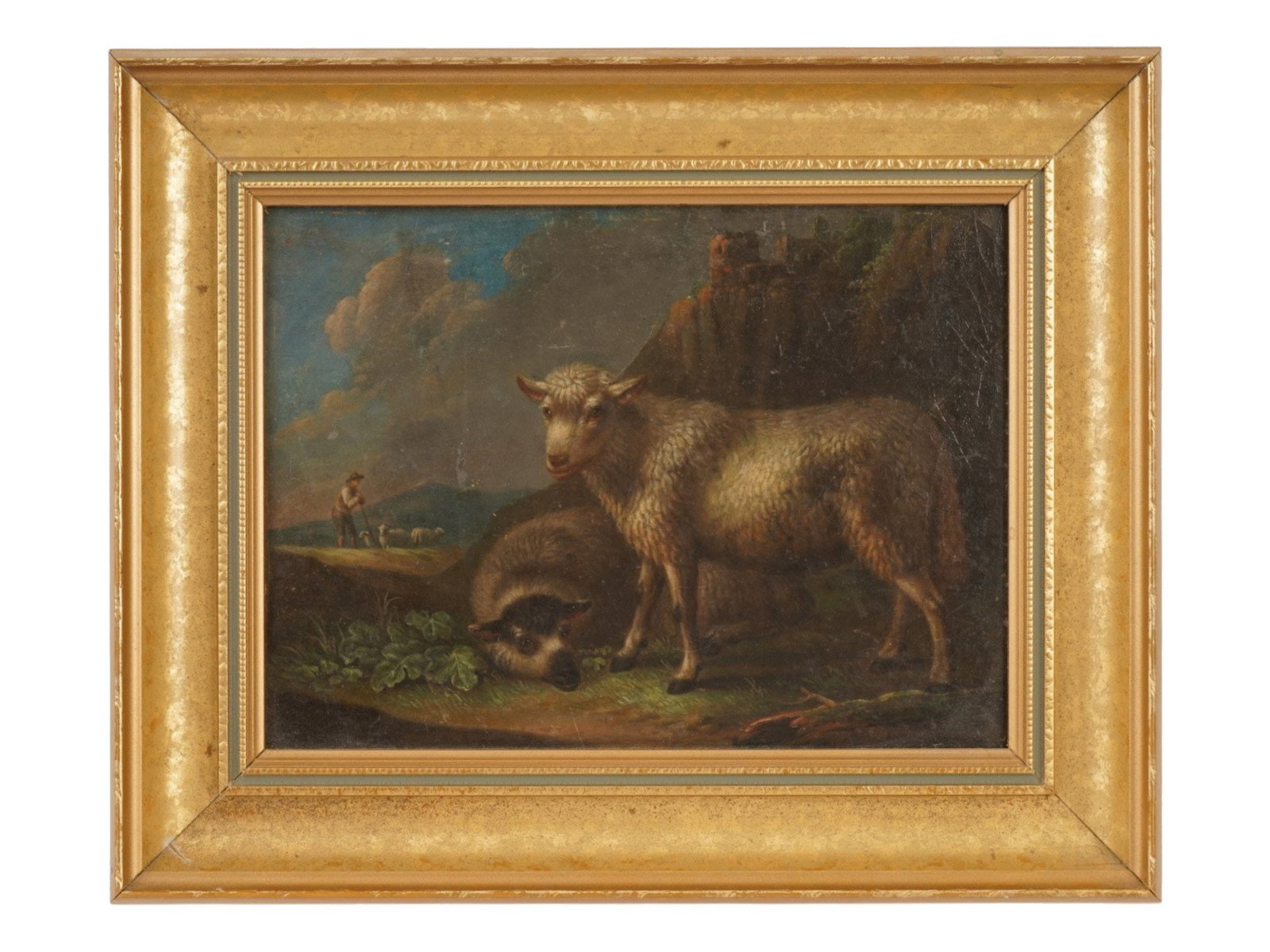 NORTH EUROPEAN SCHOOL PASTORAL SCENE OIL PAINTING: An oil painting on board executed in the tradition of 19th century North European animal landscape painting. The painting depicts a pastoral scene with two sheep set against a hilly landscape and the 