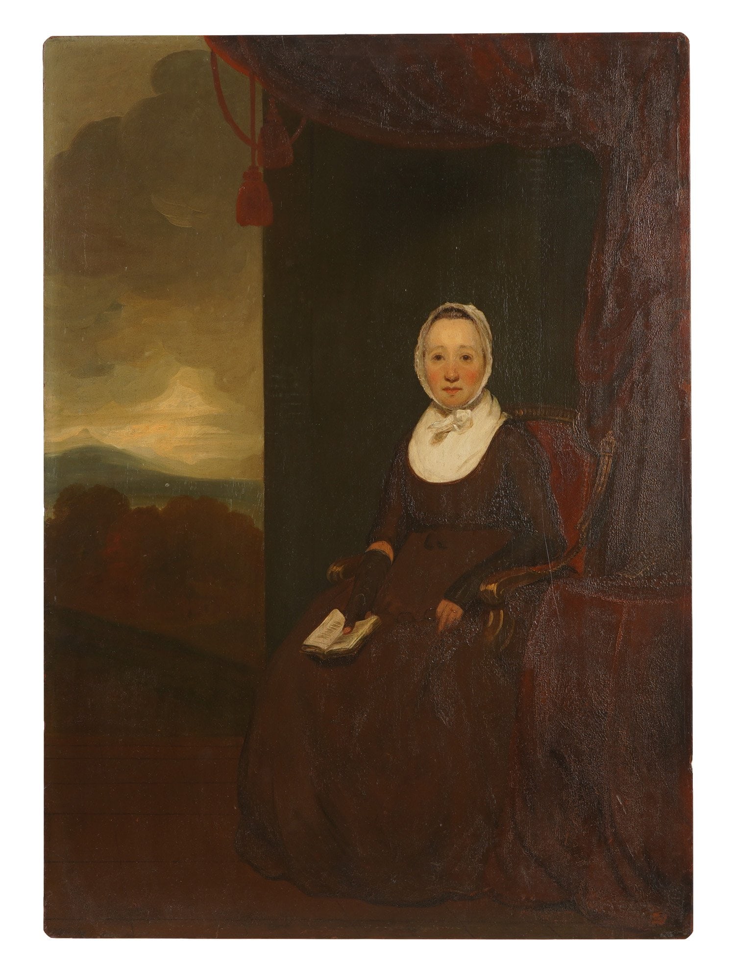 WILLIAM JAMES HUBARD AMERICAN FEMALE PORTRAIT PAINTING: William James Hubard, American, 1807 to 1862, a cabinet oil portrait painting on board depicting a seated woman before an open window overlooking a dark Romantic landscape. The figure wears a white ru