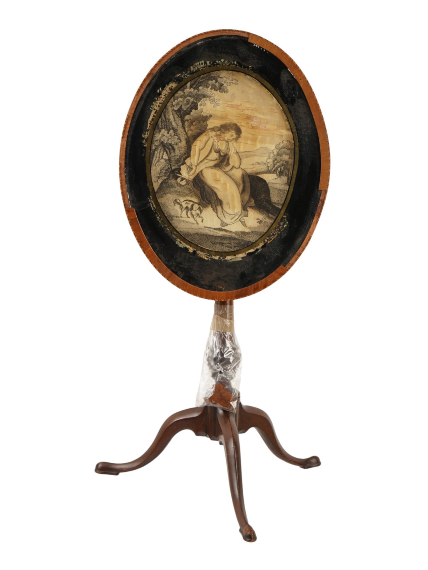 ANTIQUE PAINTING OVER SILK EMBROIDERY W TILT TOP TABLE (1 of 9)