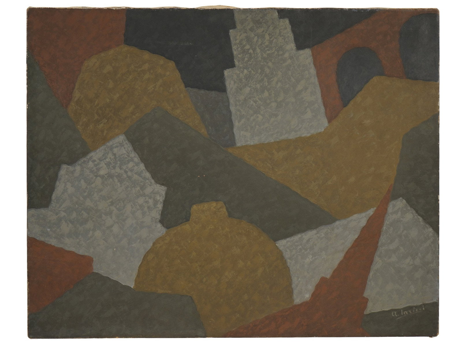 ITALIAN US OIL ABSTRACT PAINTING BY ARDUINO IARICCI: A vintage oil on canvas abstract painting by Arduino Iaricci, 1888 to 1967, Italian born American artist. The composition features a complex arrangement of geometric and architectural forms executed i