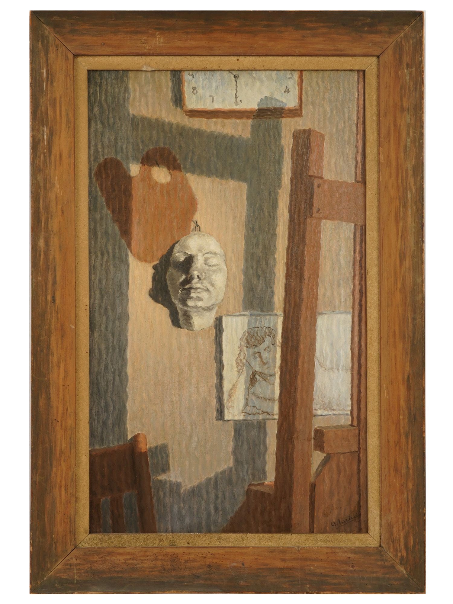 ITALIAN US OIL STUDIO PAINTING BY ARDUINO IARICCI: A vintage oil on canvas painting by Arduino Iaricci, 1888 to 1967, Italian born American artist. The composition features a fragment of the interior of an artists studio with an easel, painting, clock