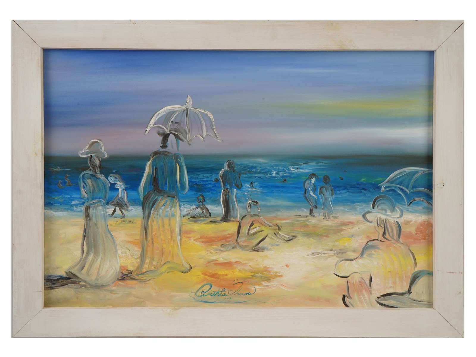 AMERICAN OIL PAINTING BY CINDY SHAOUL 2004: A modern American oil on canvas Impressionist-manner painting by Cindy Shaoul, born in 1987, a New York artist. The painting depicts a summer seashore landscape with translucent human figures. Signed 