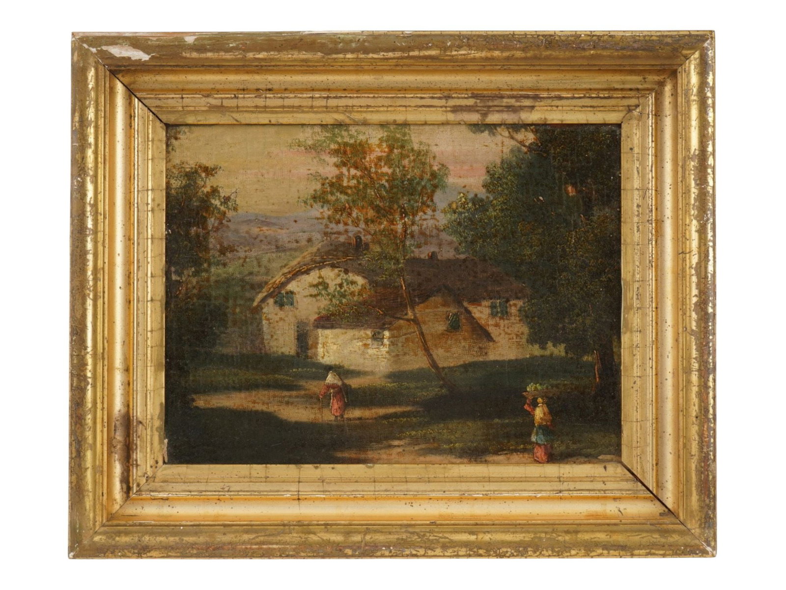 ANTIQUE EUROPEAN SCHOOL OIL LANDSCAPE PAINTING: An antique European school oil on board landscape painting. Circa the late 18th to first half of the 19th century. The painting depicts a rural view with peasant houses and human figures. Framed, Roma