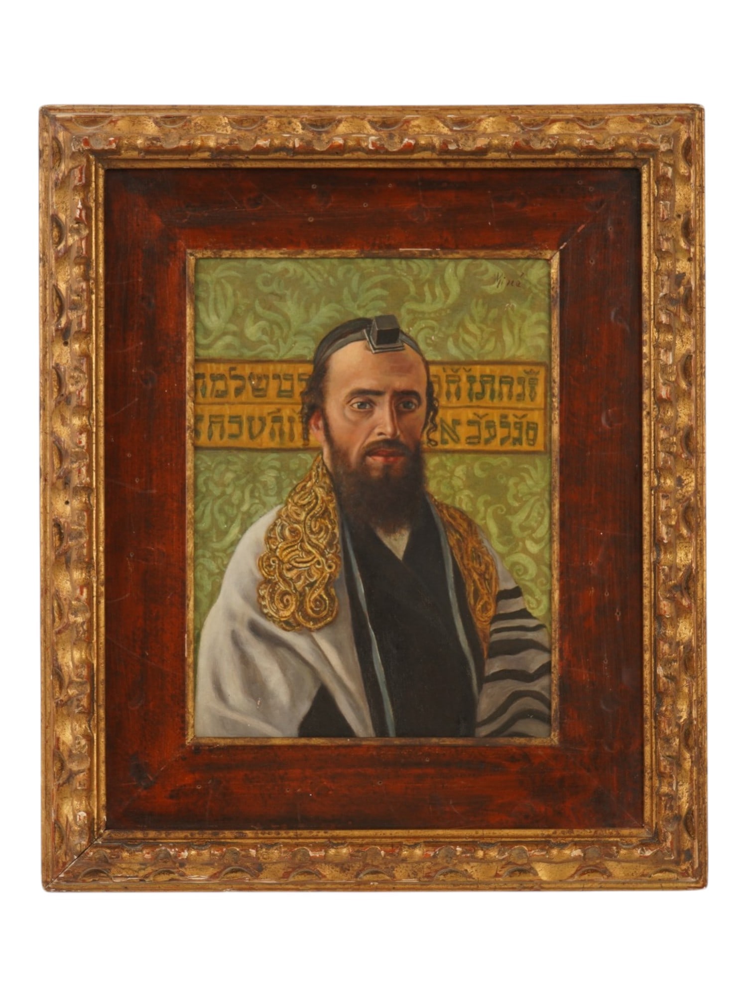 JUDAICA MALE PORTRAIT OIL PAINTING BY CASPAR MINE: Caspar Mine, French Austrian, born 1905, an oil painting on board depicting a Judaica portrait of a man. Signed upper right. Framed. Caspar Mine is a 20th century French Austrian artist known for his 