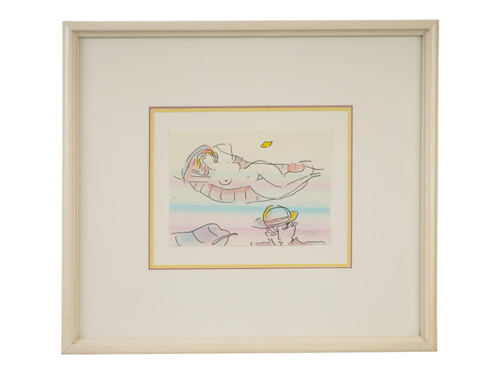 AMERICAN MIXED MEDIA PAINTING BY PETER MAX: An American mixed media painting on paper signed Peter Max, featuring his recurring Sage or Umbrella Man motif alongside a reclining nude beneath a stylized yellow sun. With Maxs signature at lower ri