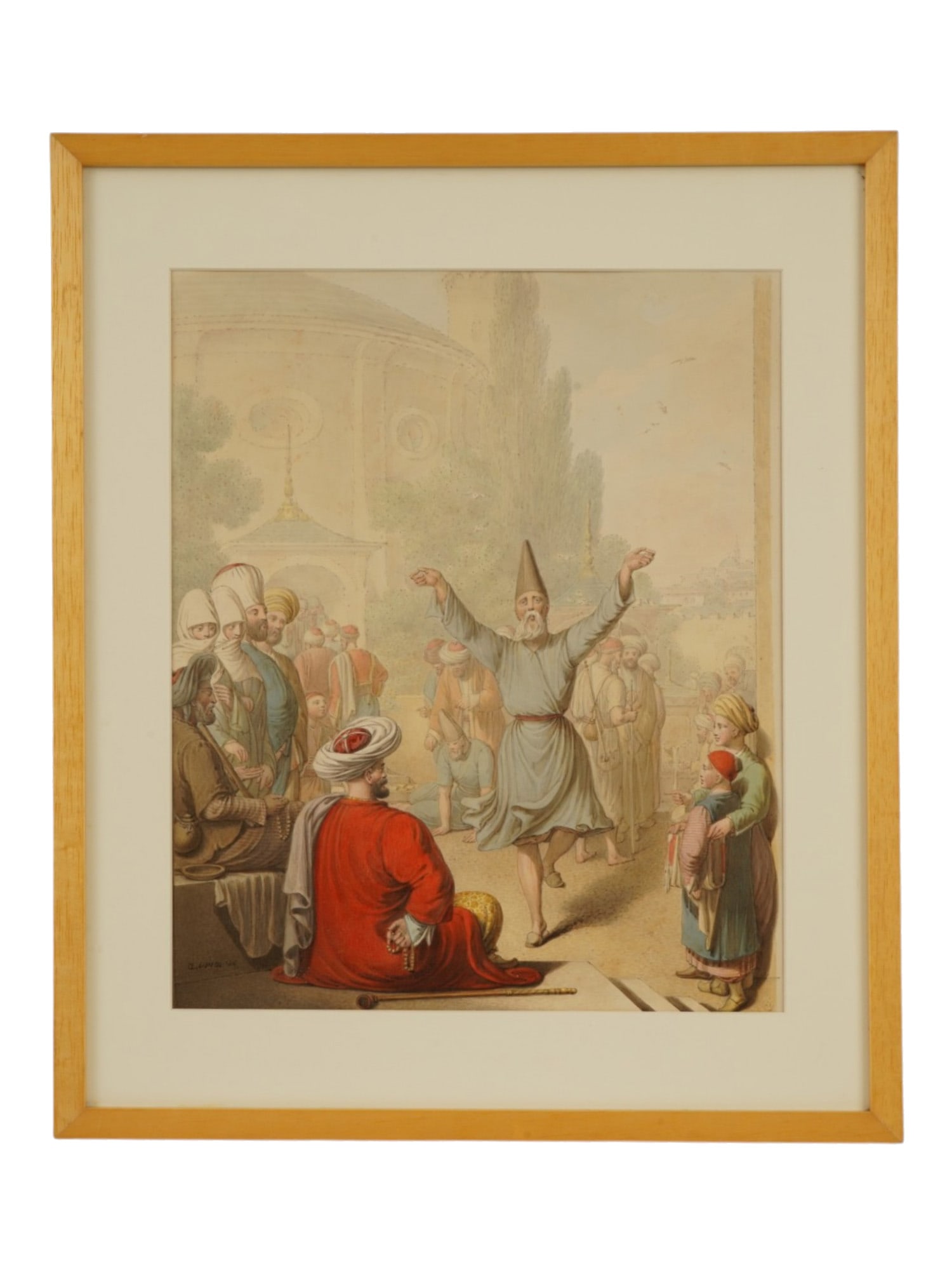 ORIENTAL PAINTING TURKISH DANCER SIGNED G. OPIZ: An Orientalist oil painting on board titled A Turkish Dancer in a Town Square signed G. Opiz For German artist Georg Emanuel Opiz, depicting a whirling Sufi dervish surrounded by figures in