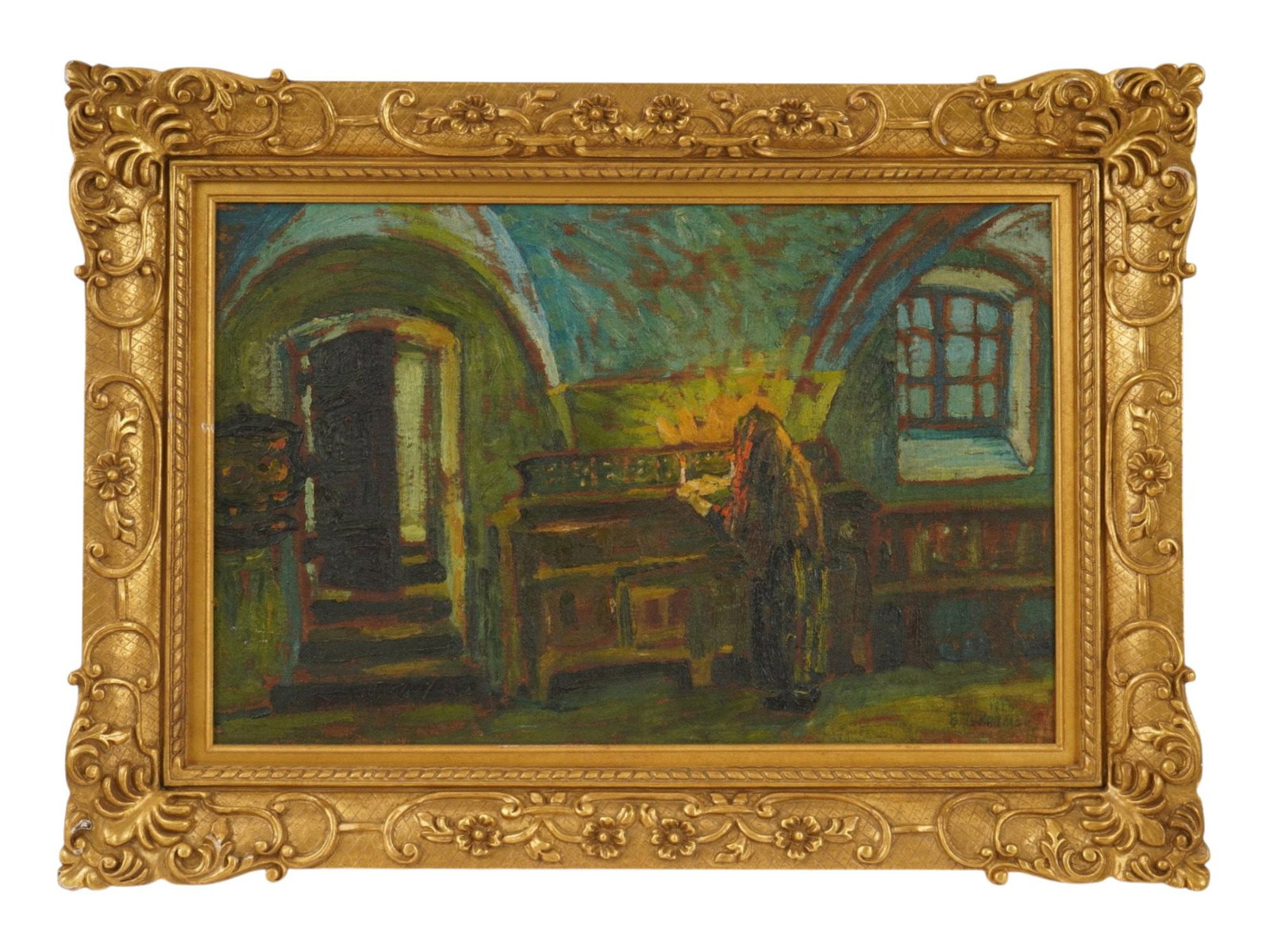 BENCION ZUKERMAN JEWISH OIL PAINTING RABBI PRAY 1920: An oil painting on canvas signed B. Zukerman for Lithuanian-Jewish artist Bencion Zukerman, 1890 to 1944, and dated 1920 lower right, depicting a rabbi figure before a candle-lit ark or readers desk
