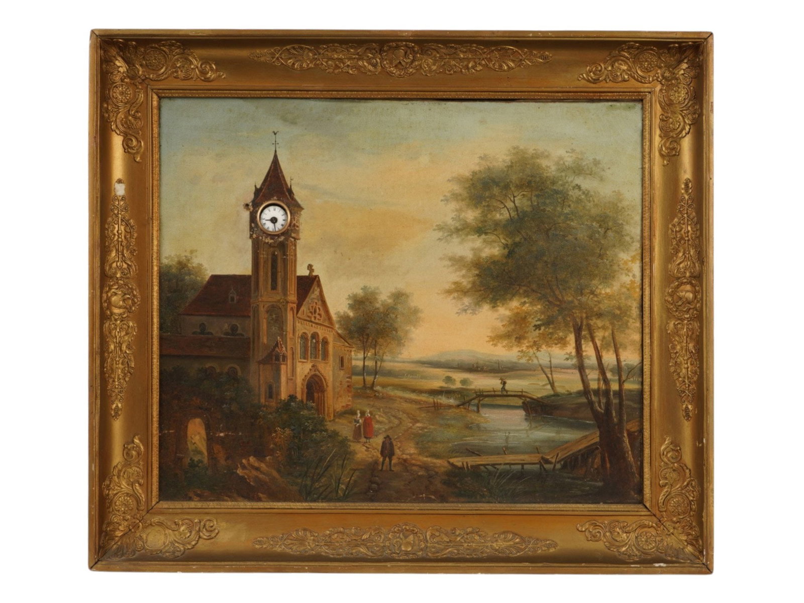 ANTIQUE EUROPEAN PICTURE CLOCK W LANDSCAPE PAINTING: An antique European horloge tableau, combining a Romantic landscape painting on canvas with a functioning mechanical clock integrated into a church tower. The scene depicts a pastoral countryside with