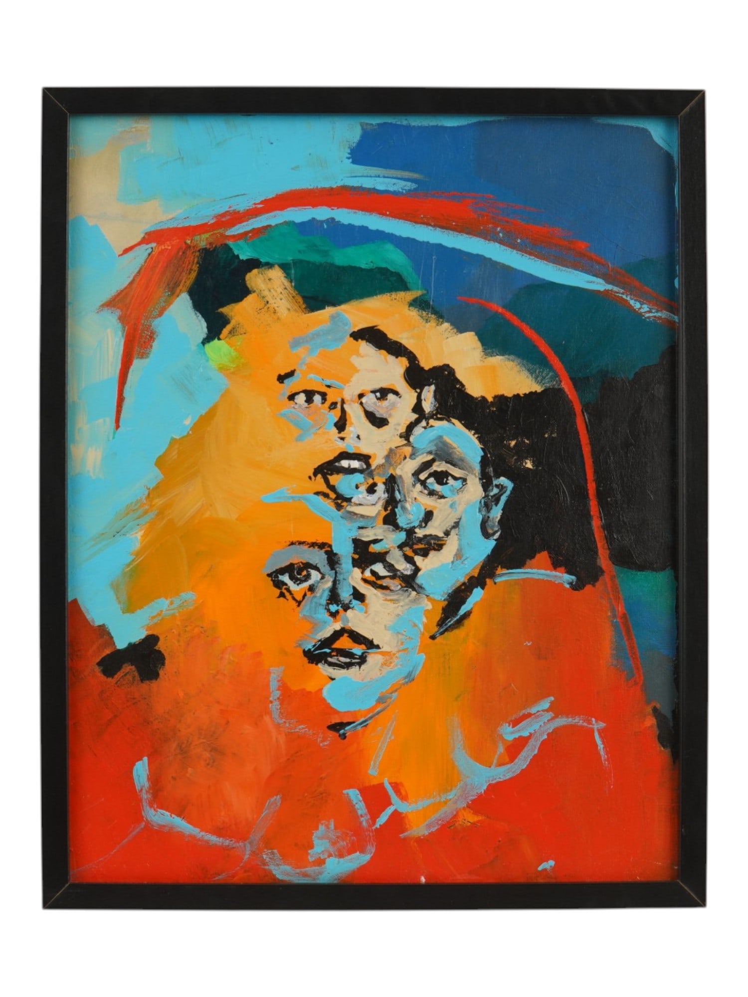 ABSTRACT EXPRESSIONIST OIL PAINTING OF HUMAN FACES: An Abstract Expressionist oil painting on canvas depicting three stylized human faces layered vertically within a bold color-blocked composition. Framed. Mid-Century Modern Art And Figurative Painting