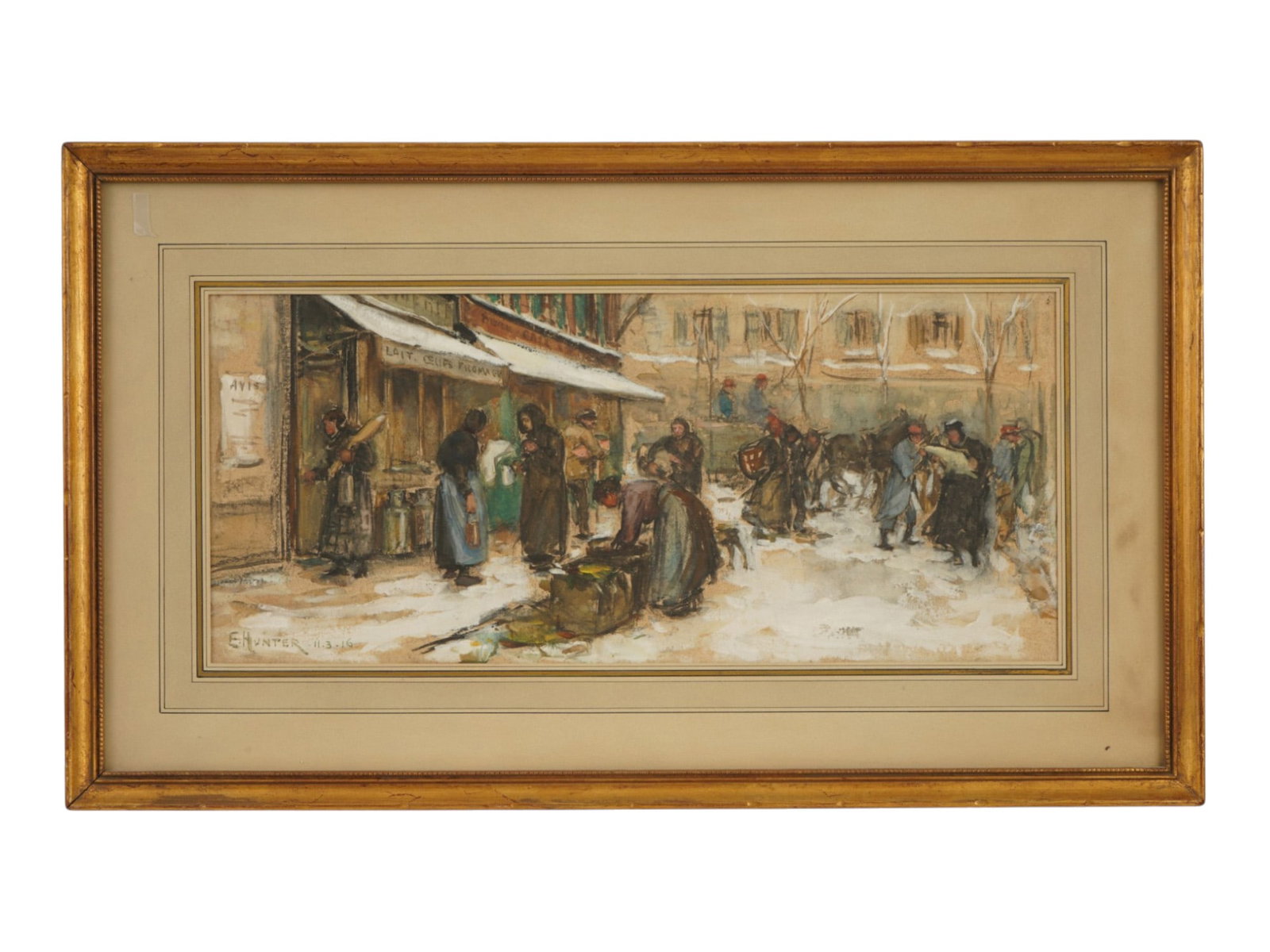 FRENCH WATERCOLOR PAINTING SIGNED E. HUNTER PARIS SCENE: A French watercolor winter street scene signed E. Hunter and dated 1916. The Parisian scene depicts figures, vendors, carts, and milk cans gathered along a snowy street. Framed. European Watercolors A