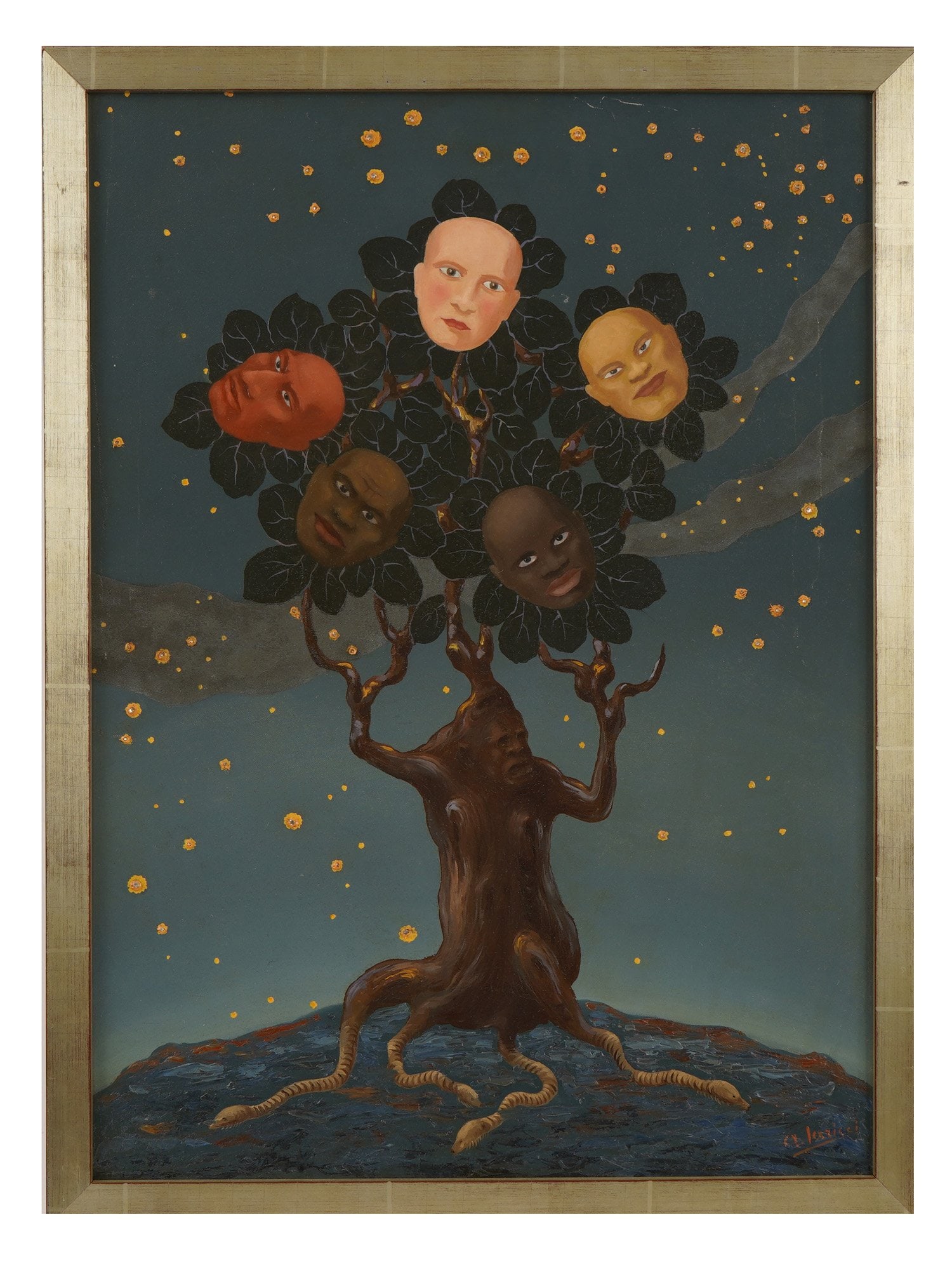 AMERICAN ITALIAN OIL PAINTING BY ARDUINO IARICCI: A mid-century mixed media painting on masonite signed lower right A. Iaricci for Italian-American artist Arduino Iaricci, 1888 to 1967. The symbolic composition depicts an anthropomorphic tree trunk s