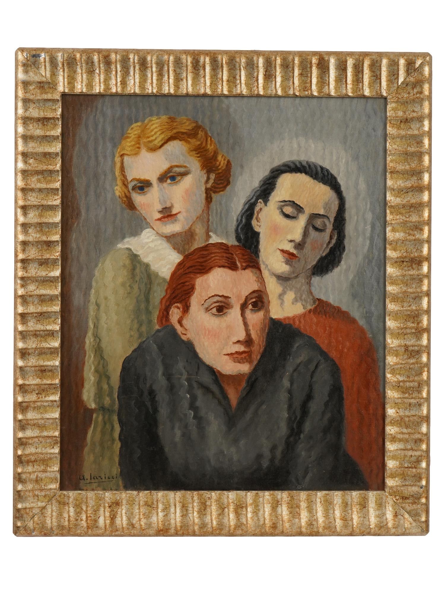 AMERICAN ITALIAN OIL PAINTING BY ARDUINO IARICCI: A mid-century oil group portrait painting on board signed lower left A. Iaricci for Italian-American artist Arduino Iaricci, 1888 to 1967. The composition features three stylized female figures with a