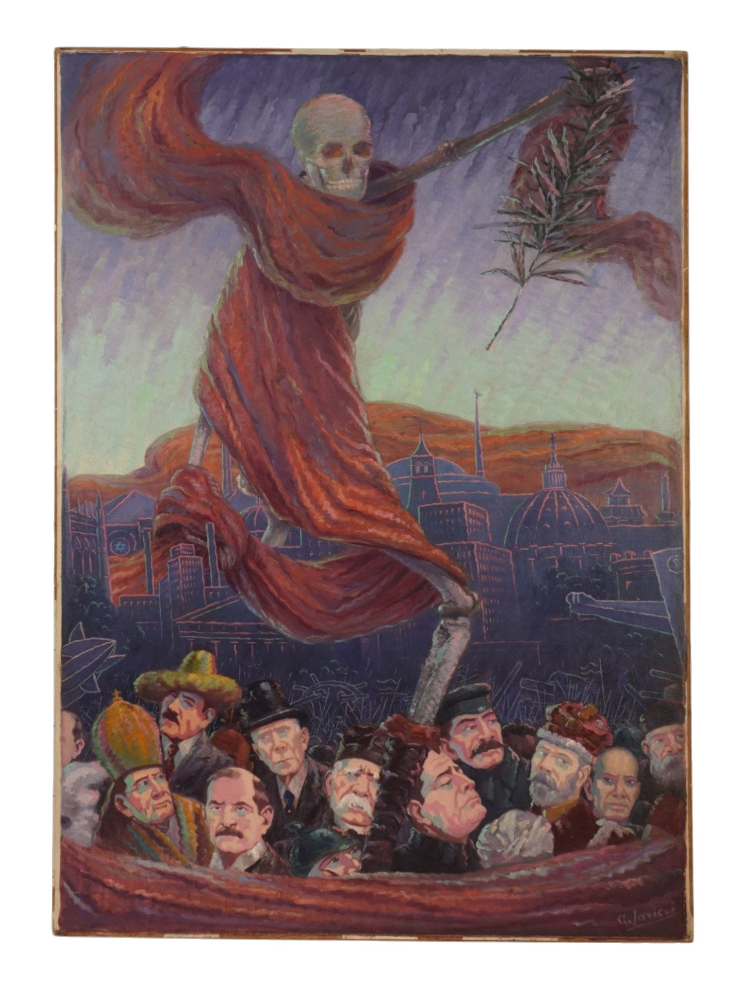 AMERICAN ITALIAN OIL PAINTING BY ARDUINO IARICCI: A mid-century oil painting on board signed lower right A. Iaricci for Italian-American artist Arduino Iaricci, 1888 to 1967. The composition depicts a towering Grim Reaper draped in a swirling crimson