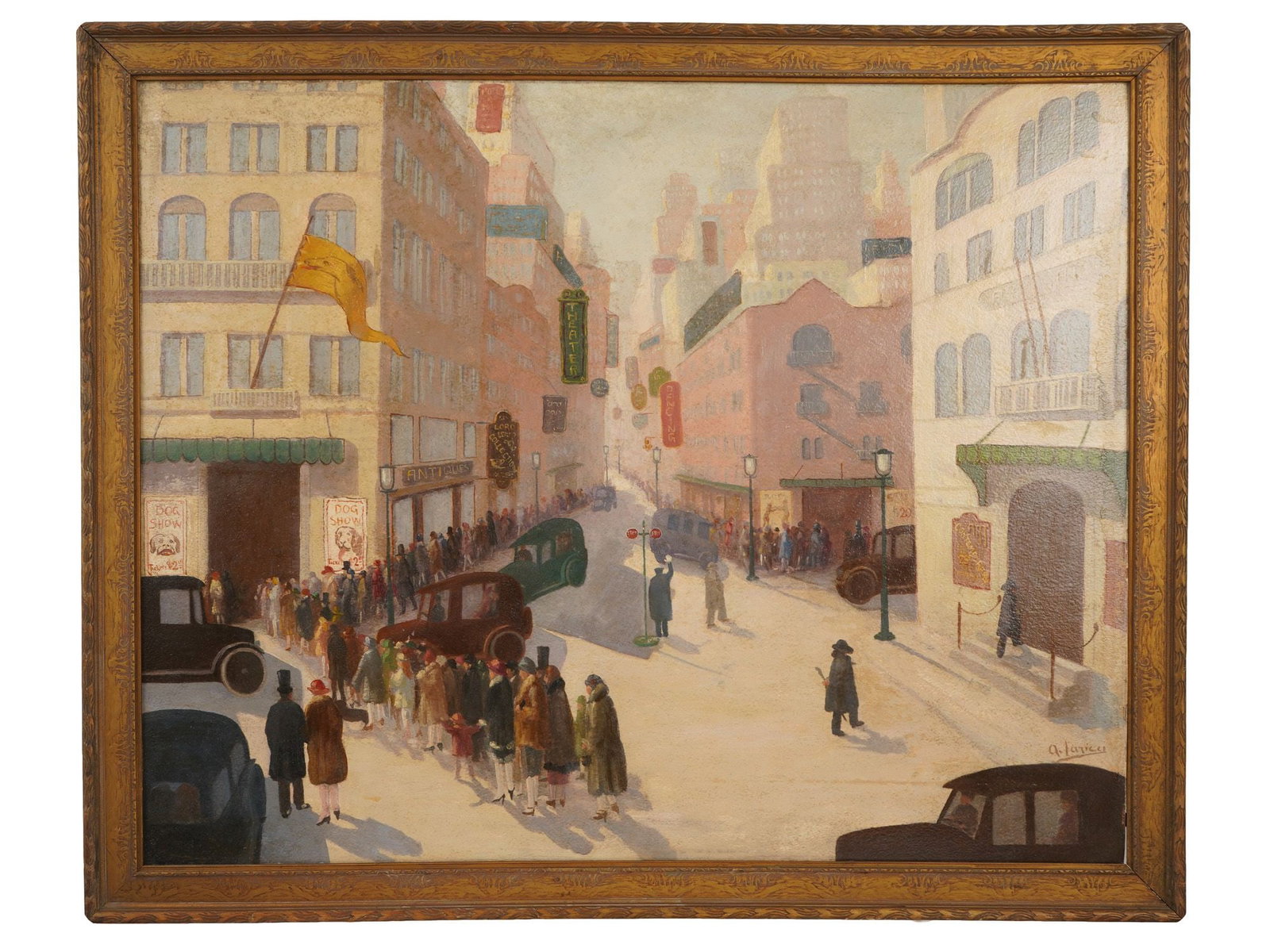 AMERICAN ITALIAN OIL PAINTING BY ARDUINO IARICCI: A mid-century oil painting on board signed lower right A. iaricci for Italian-American artist Arduino iaricci, 1888 to 1967. The Ashcan School-inspired scene depicts a bustling 1920s to 1930s city str