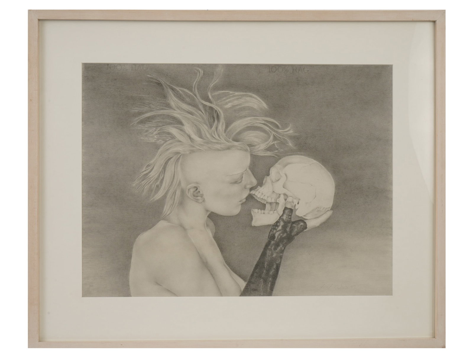 FEMALE PORTRAIT PENCIL DRAWING SIGNED JOEL ZACKOW: Joel Zakow, American, d. 2006, graphite drawing on paper. The artwork depicts a nude woman kissing a mohawk. Titled I Knew Him Well. Signed and dated 1989 lower right. Framed. Collectible Graphic Art,