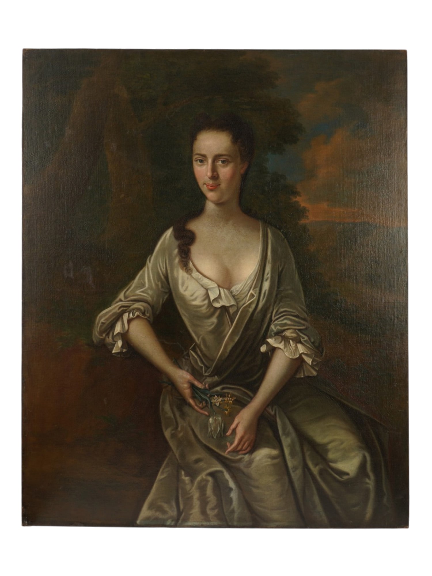 EUROPEAN 18TH C STYLE FEMALE PORTRAIT OIL PAINTING: Oil painting on canvas mounted on board. European 18th-century style portrait of a young woman in a silk dress with ruffles, holding flowers, against a landscape background. Unsigned. Unframed. Collec