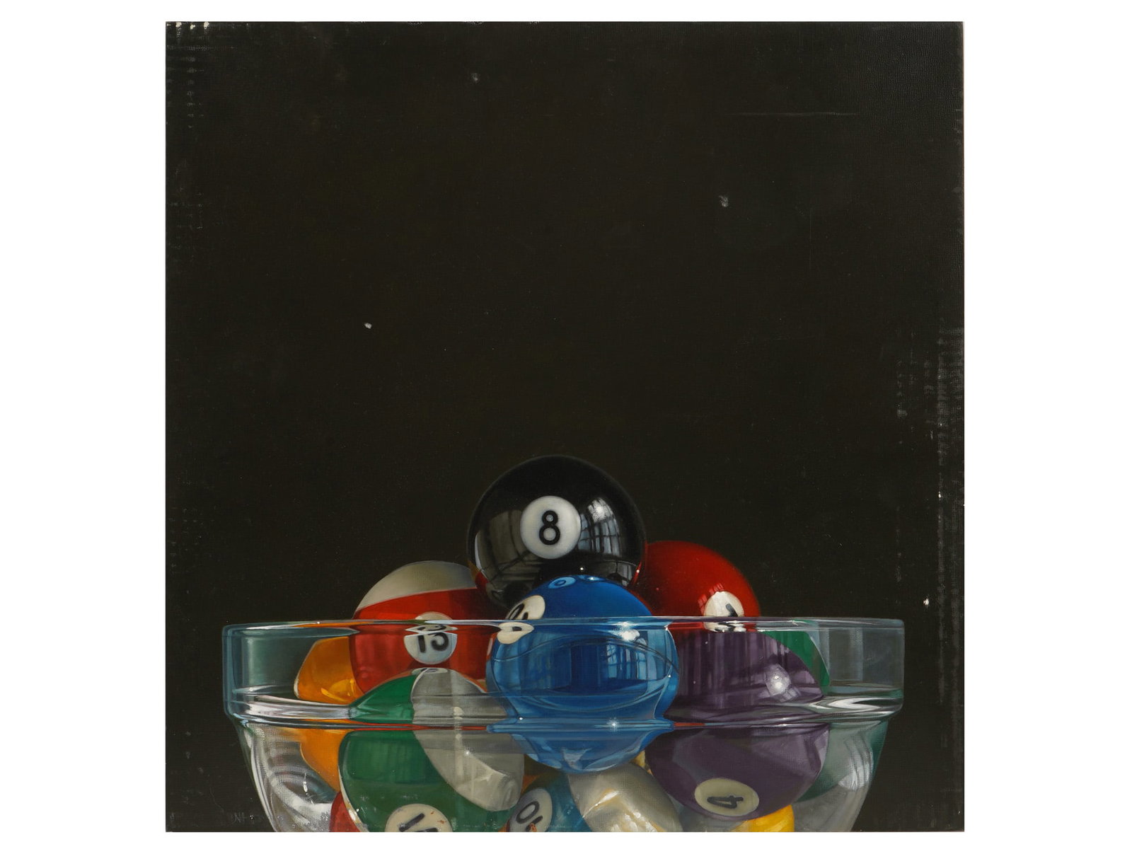 JAMES NEIL HOLLINGSWORTH AMERICAN OIL PAINTING 2013: James Neil Hollingsworth, American, born 1954, oil painting on archival panel. Hyperrealistic artwork depicting a bowl of billiard balls against the black ground. Titled Pool Bowl, No. 22. Signed and 