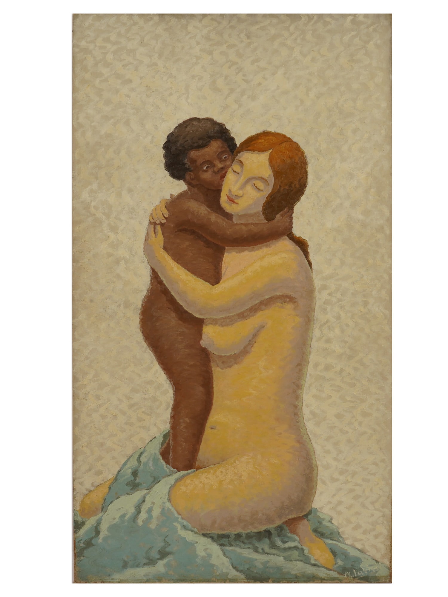 MOTHER AND CHILD OIL PAINTING BY ARDUINO IARICCI: Arduino Iaricci, 1888 to 1967, an oil painting on canvas depicting a nude woman embracing a black child. Executed using large color strokes that resemble the pointillism technique. Signed lower right.