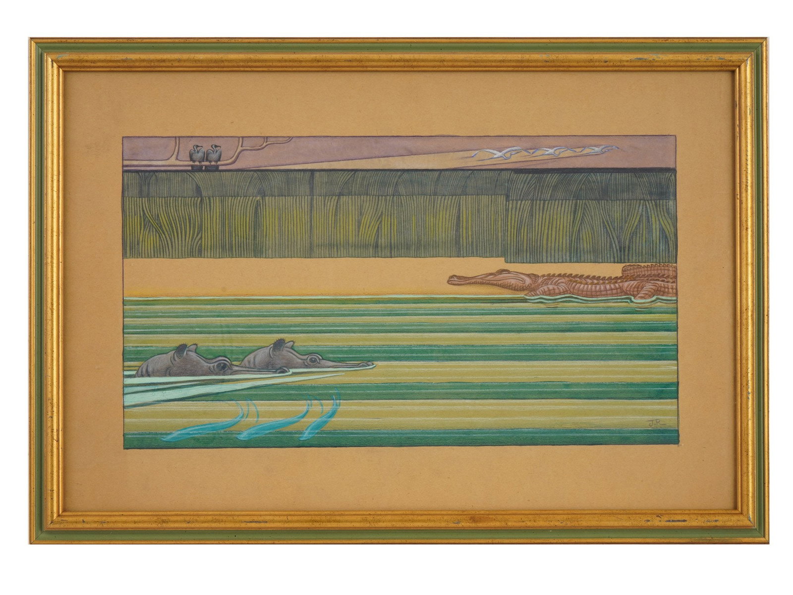 MID CENTURY ART DECO MIXED MEDIA PAINTING WILDLIFE: A mid-century Art Deco-style mixed media painting on paper depicting African river wildlife. The composition features two hippopotamuses wading in the foreground, a crocodile along the waterline, and 