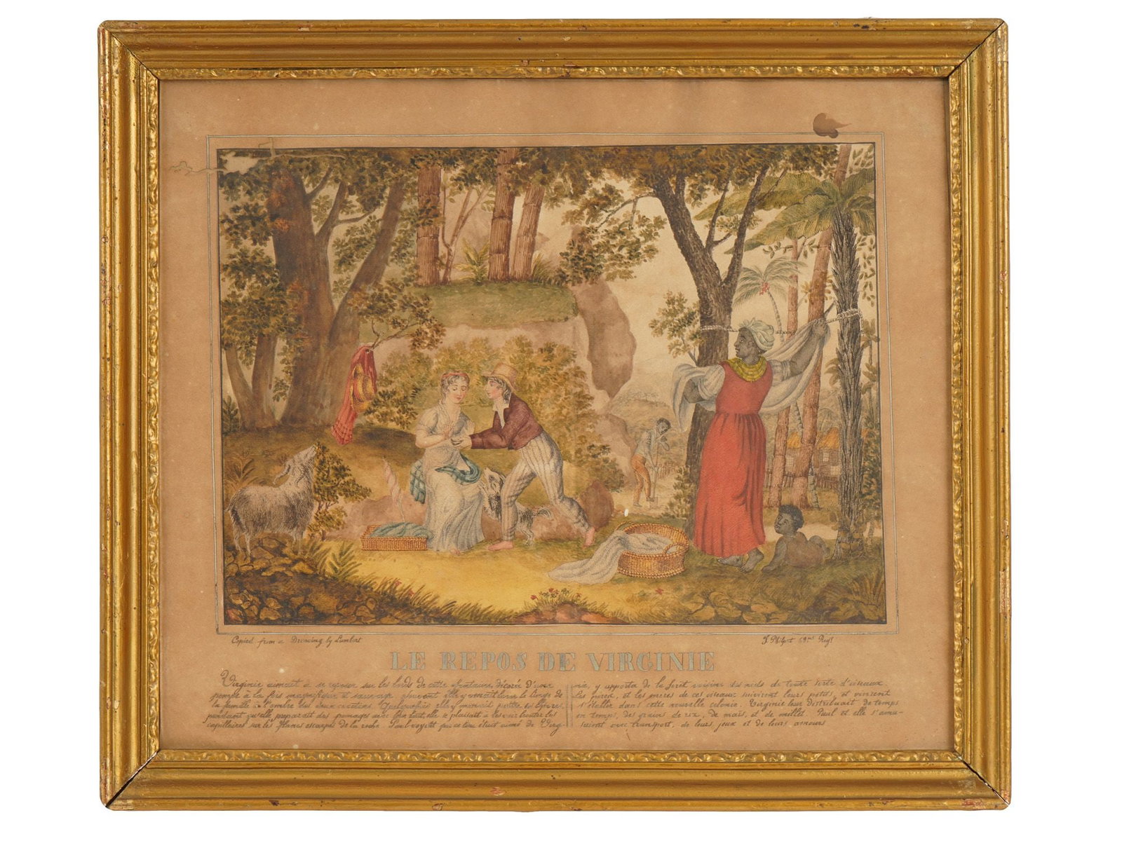 AFTER LOUIS JOSEPH LAMBERT PAINTING REST OF VIRGINIA: An antique mixed media painting on canvas titled The Rest of Virginia, after a composition by Louis-Joseph Lambert and based on Bernardin de Saint-Pierres Paul et Virginie. The scene depicts Paul and 