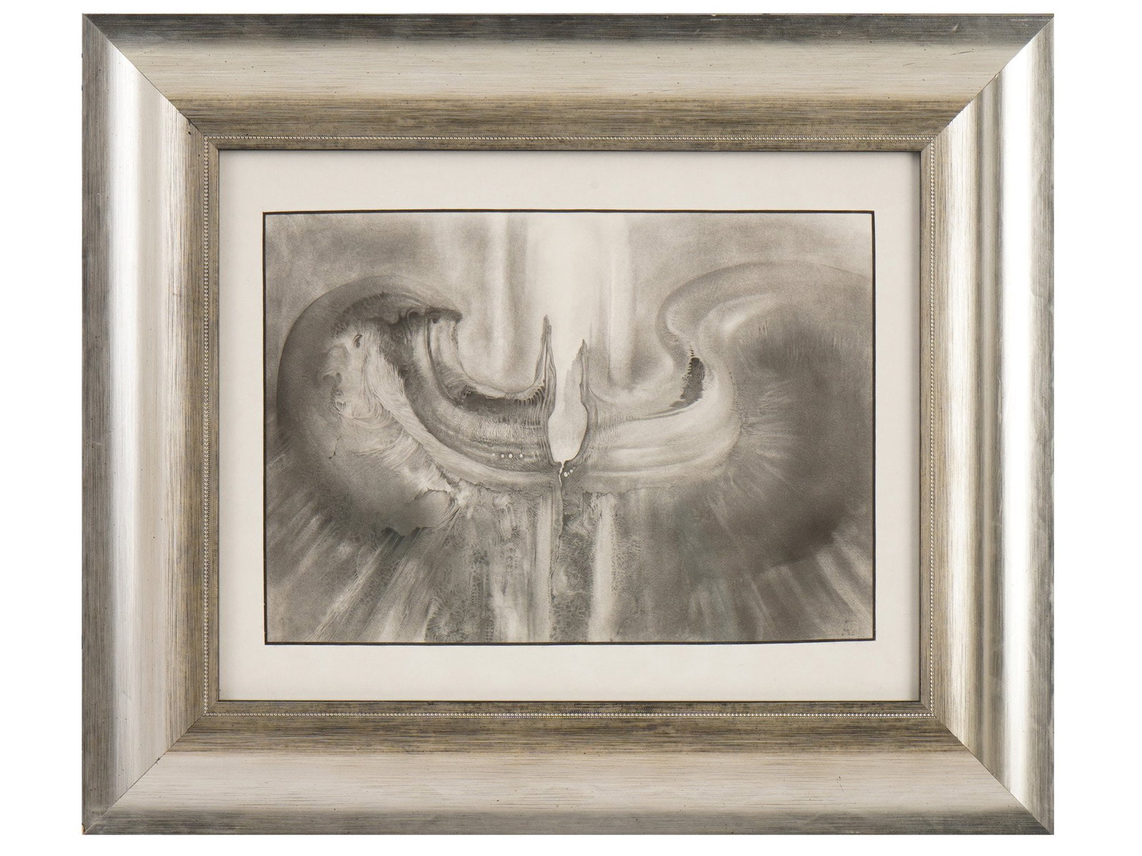 ATTR TO ALLEN WILLIAMS SURREALIST PAINTING: A graphite and charcoal drawing on paper attributed to contemporary American artist Allen Williams, depicting a dark biomorphic composition centered around a dramatic vertical opening filled with ethe