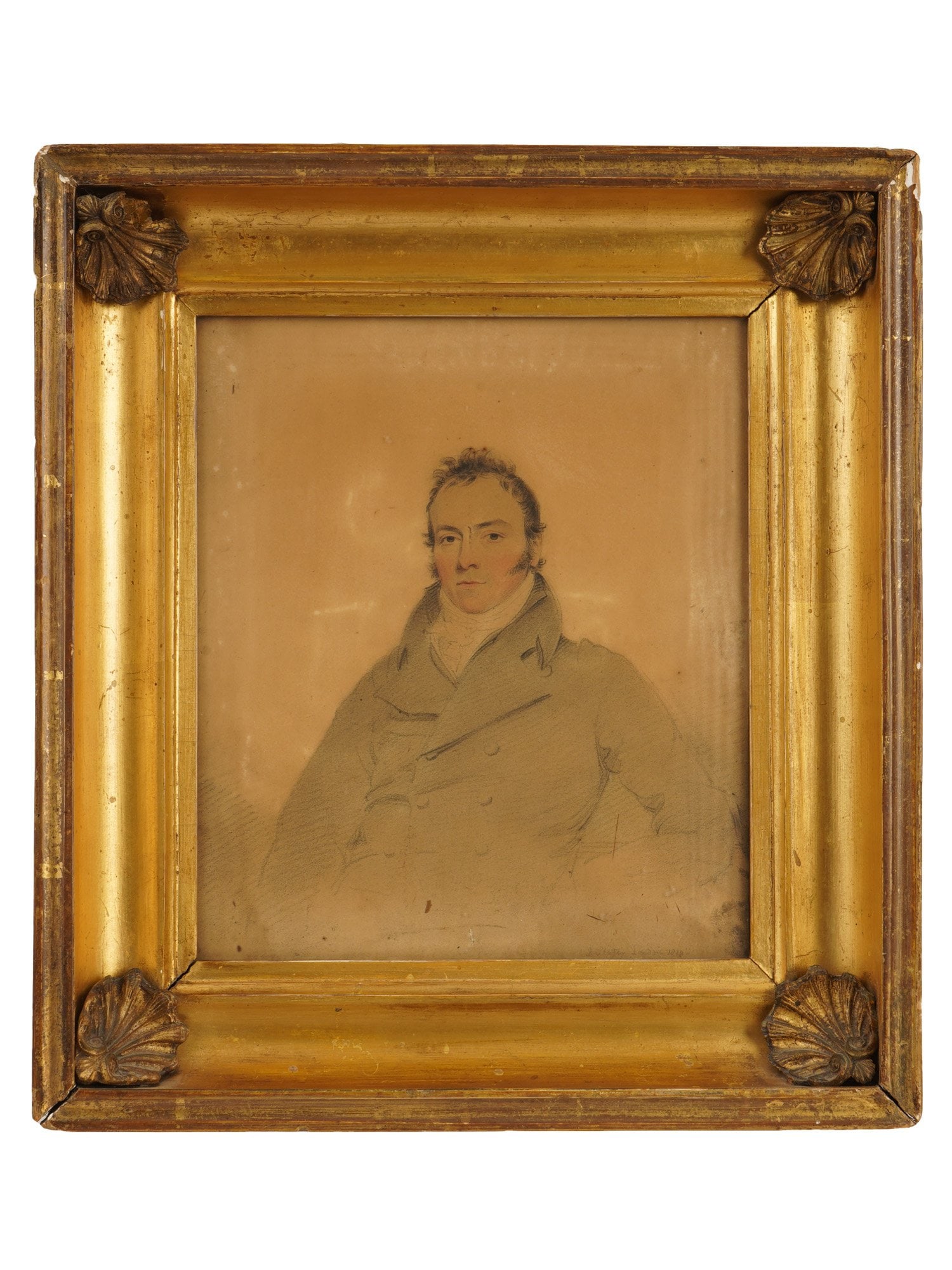 ENGLISH MALE PORTRAIT DRAWING SIGNED J. SLATER 1812: Graphite and color pencil drawing on paper. Portrait of a man in frock coat. Signed J. Slater, London, and dated 1812 lower right. Framed. Collectible Graphic Art, Portraiture, Romantism, Napoleonic W