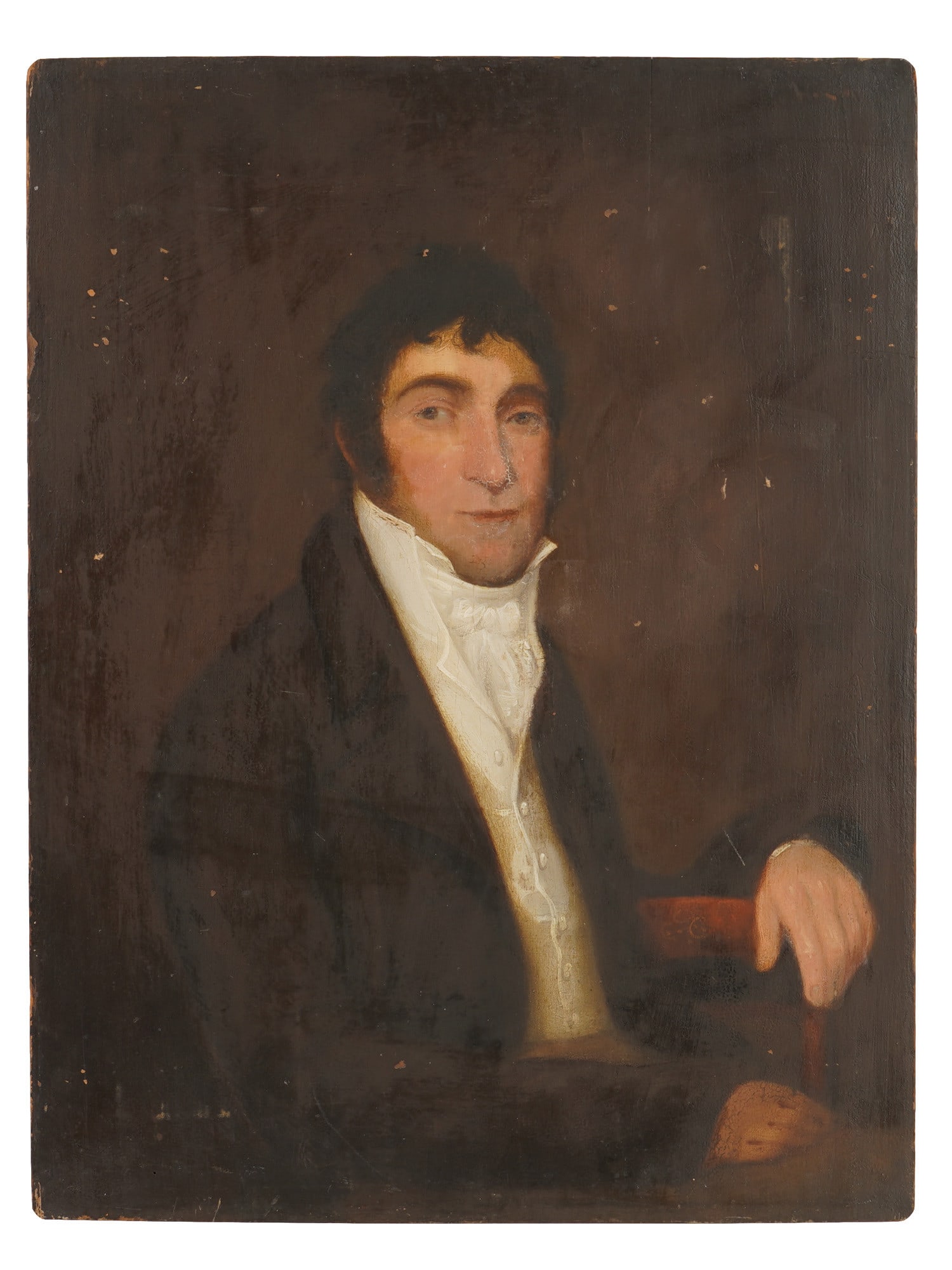 ANTIQUE AMERICAN SCHOOL MALE PORTRAIT OIL PAINTING: Oil painting board. American school, early to mid 19th century. Portrait of a man in frock coat. Unsigned. Unframed. Alexander Gallery NY label on the backside. Collectible Fine Art, Figurative Painti