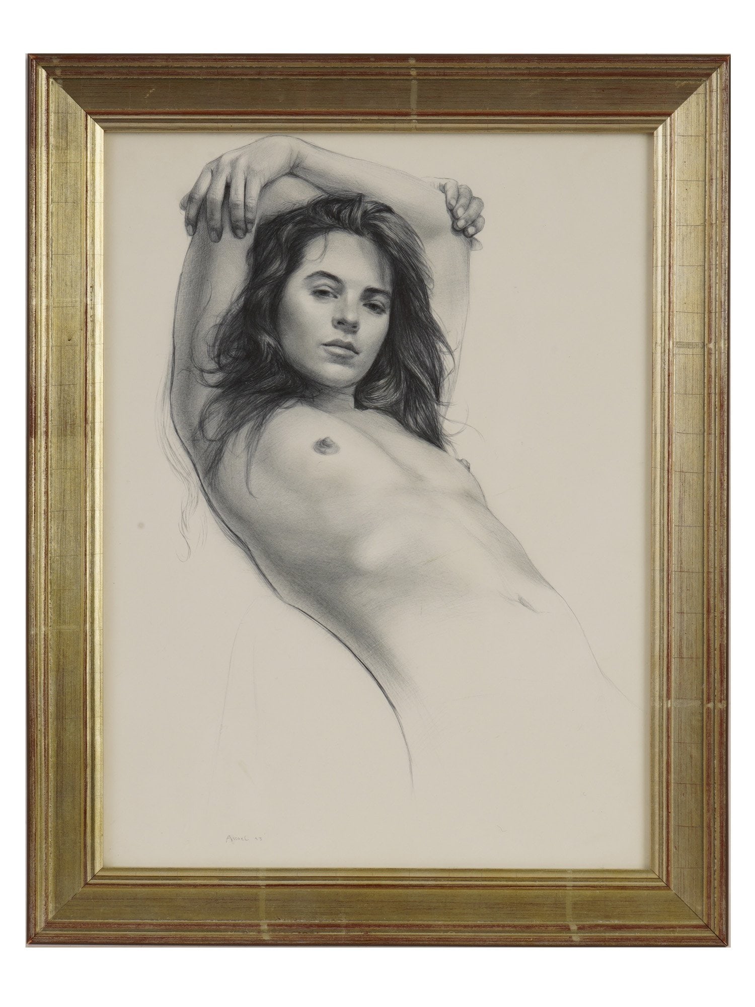 STEVEN ASSAEL FEMALE NUDE PORTRAIT GRAPHITE DRAWING: Steven Assael, American, born 1957, graphite drawing on paper. Waist-length portrait of a nude young woman. Signed and dated 1993 lower left. Framed. Steven Assael graduated from the Pratt Institute i