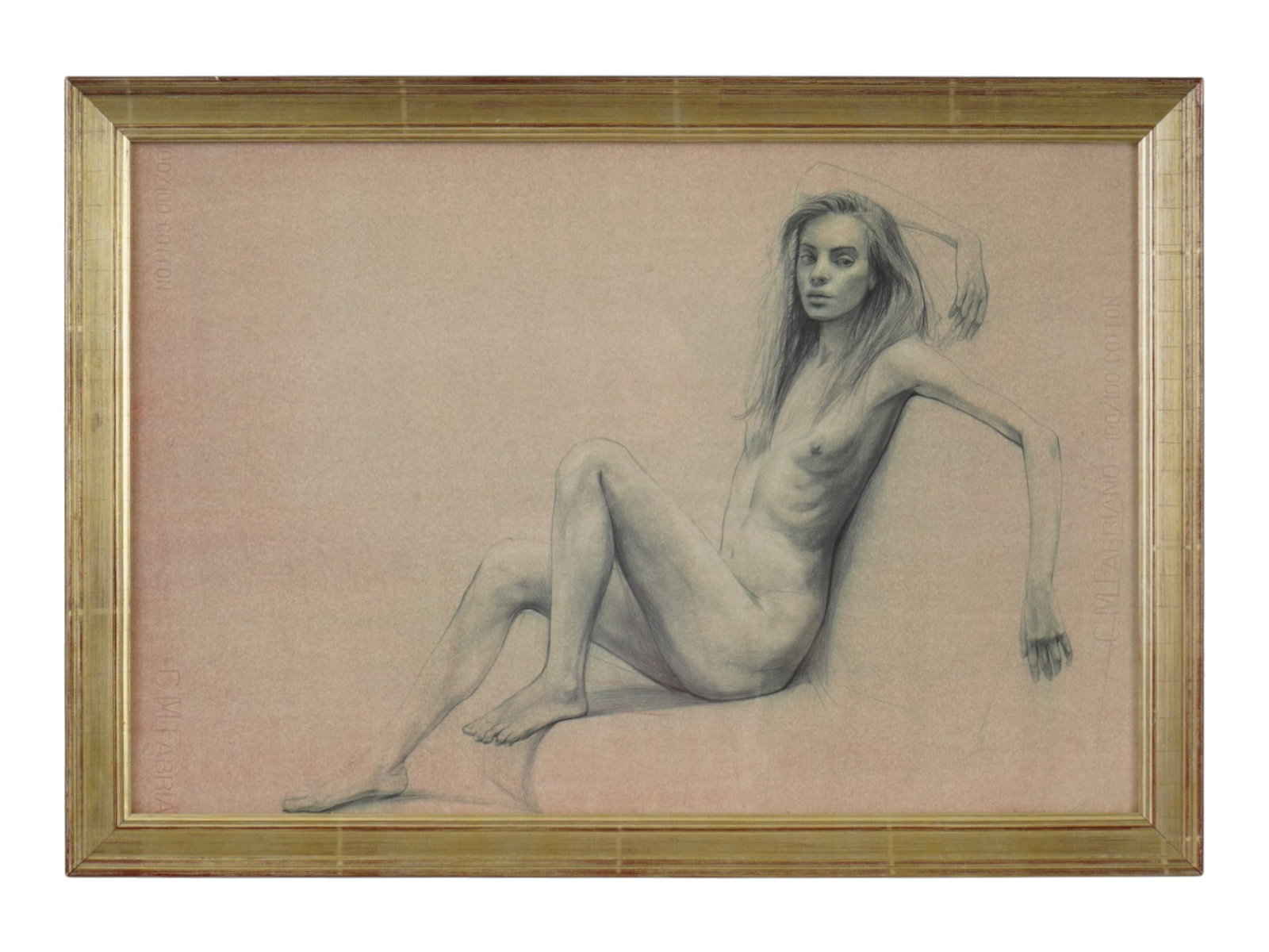 MODERN FIGURATIVE FEMALE PAINTING SIGNED ASSAEL: A modern figurative pencil drawing on paper signed Assael for American artist Steven Assael and dated 1991. The seated female nude is rendered with precise anatomical detail, emphasizing the rib cage,