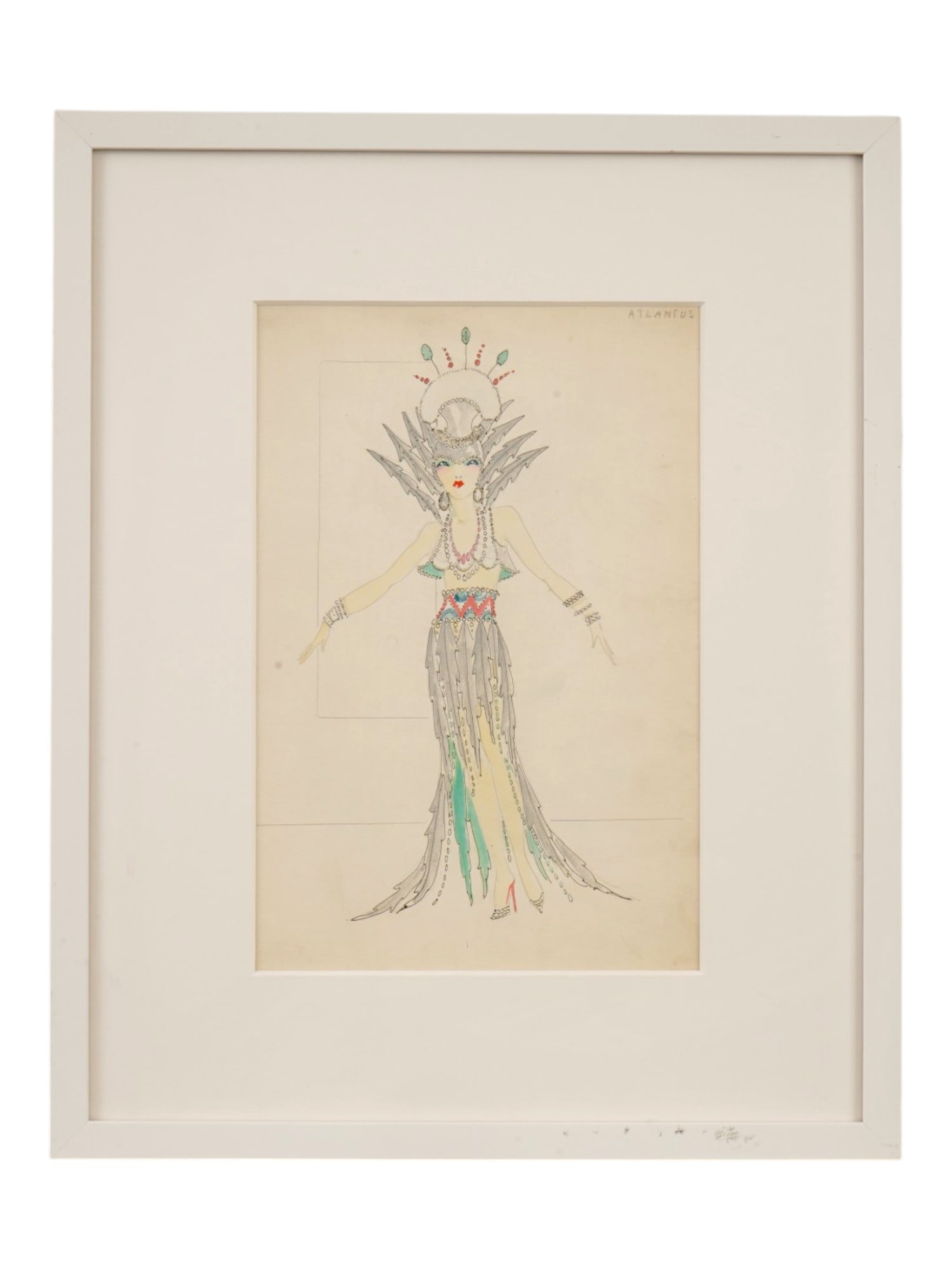 IN THE STYLE OF ERTE ILLUSTRATION PAINTING ATLANTUS: In the style of Erte, Romain de Tirtoff, French, 1892 to 1990, a mixed media illustration painting on paper titled Atlantus, depicting an elegant theatrical costume design in his distinctive Art Deco 