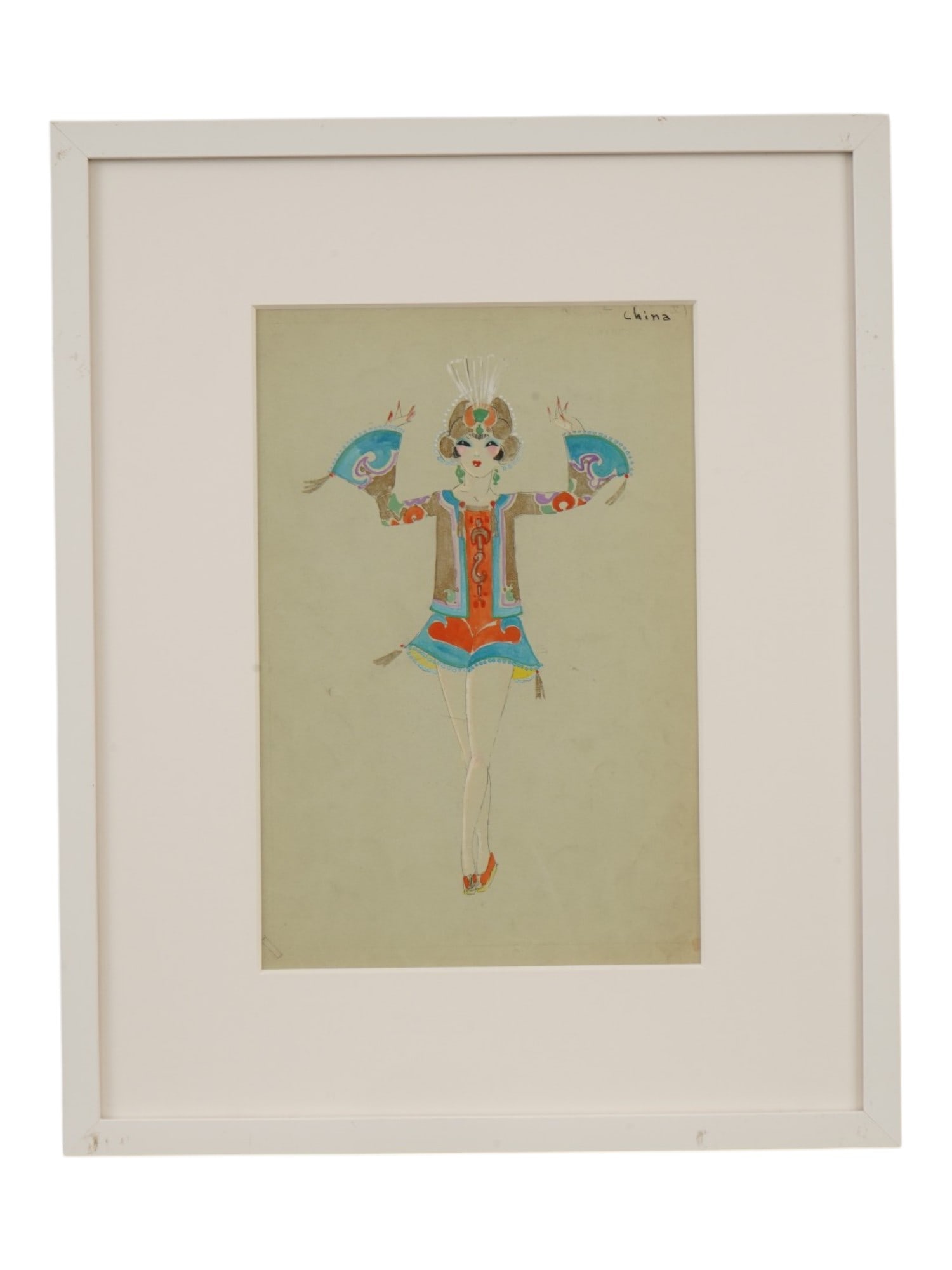 IN THE STYLE OF ERTE ILLUSTRATION PAINTING CHINA: In the style of Erte, Romain de Tirtoff, French, 1892 to 1990, a mixed media illustration on paper titled China, depicting a stylized theatrical dancer in an elaborate Chinoiserie-inspired costume. Th