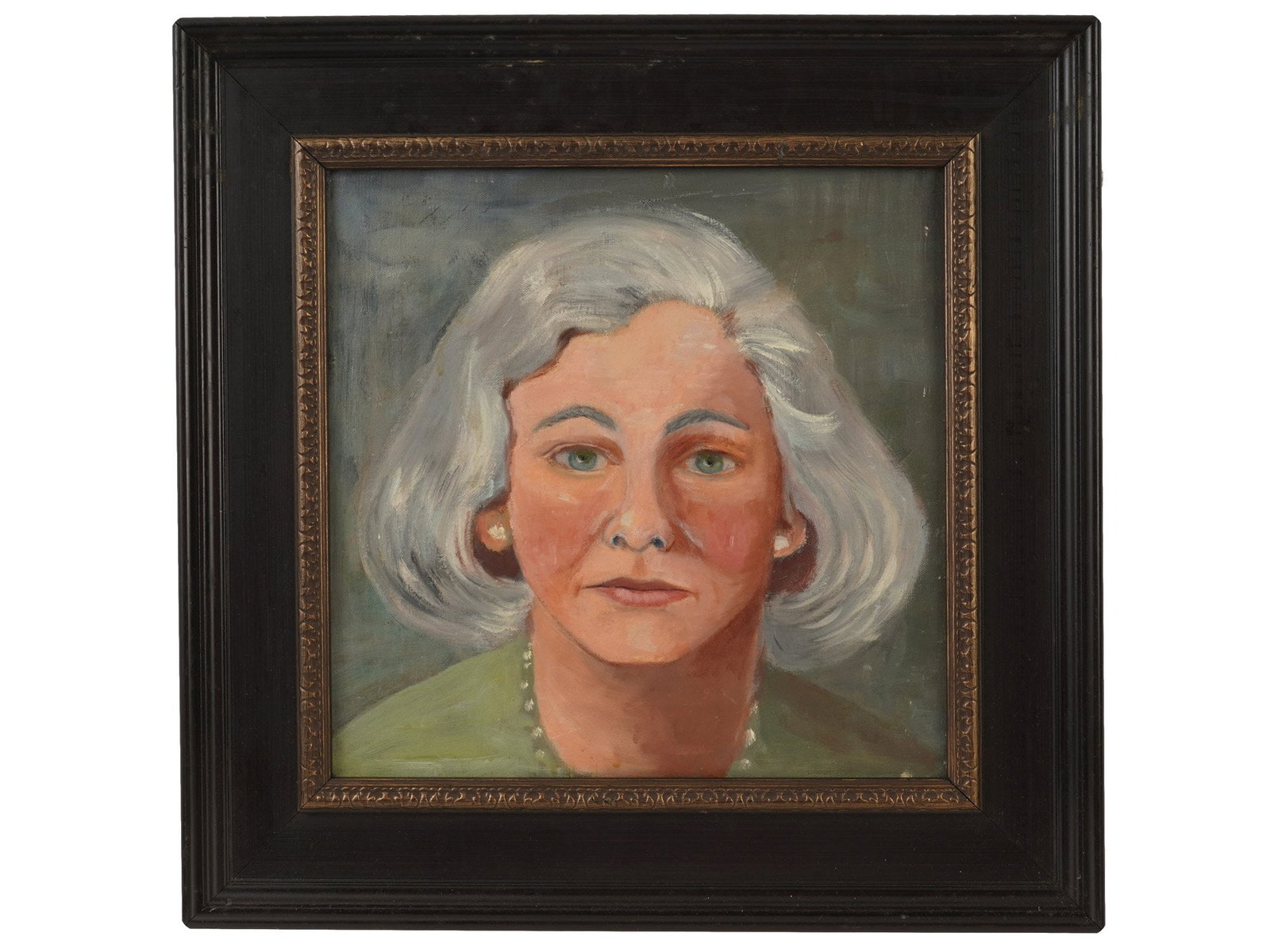 RUSHELLE WECHSLER AMERICAN FEMALE PORTRAIT OIL PAINTING: Rushelle Korman Wechsler, American, 1928 to 2015, oil painting on canvas. The artwork depicts a portrait of a woman with grey hair. Signed and dated 1984 on the backside. Framed. Collectible Fine Art,