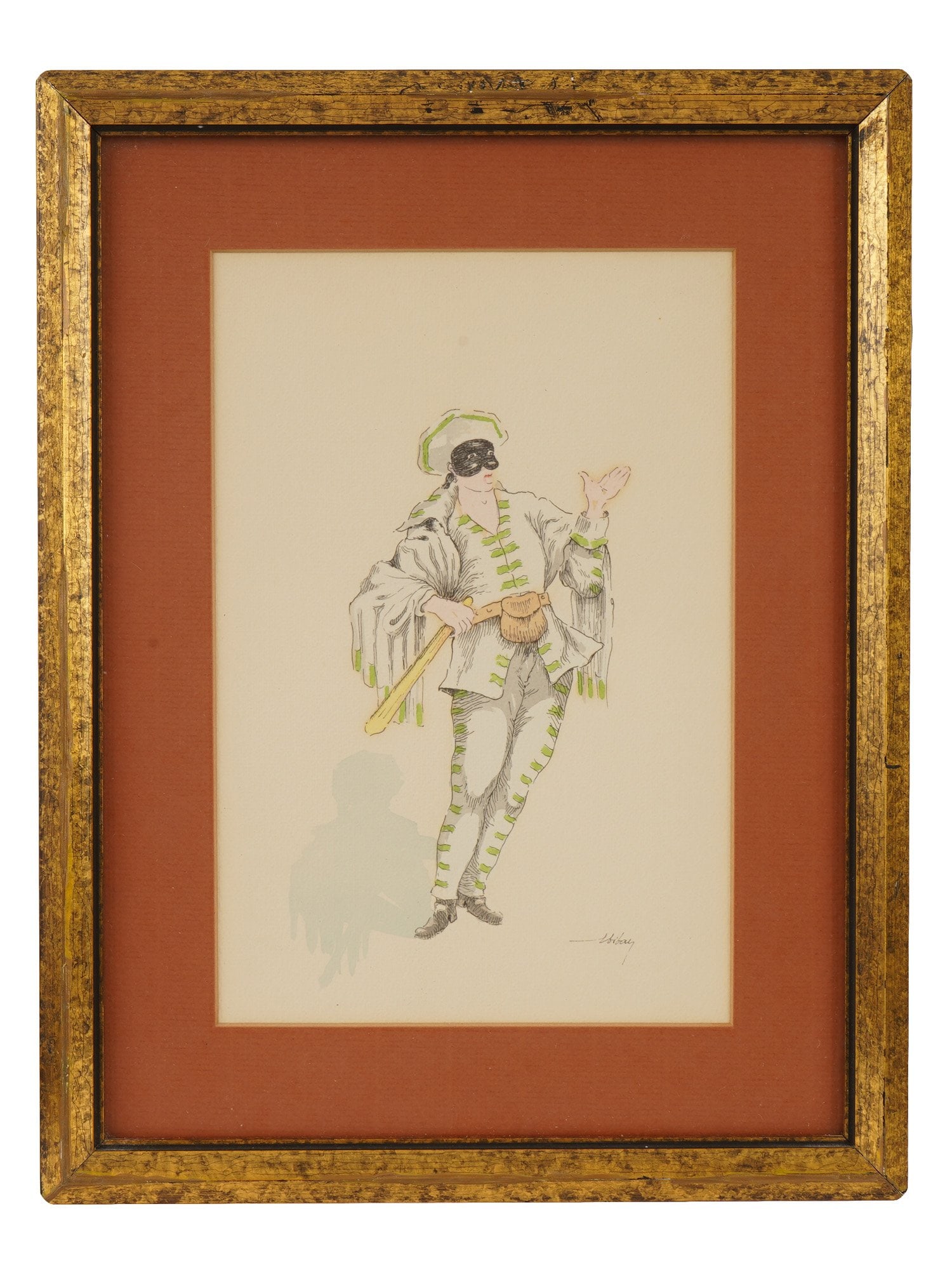 MIX MEDIA BRIGHELLA THEATRICAL COSTUME SKETCH PAINTING: An original vintage mixed media on paper sketch painting for a theatrical costume . The painting is an illustration depicting Brighella, one of the classic masked characters of the Italian commedia de