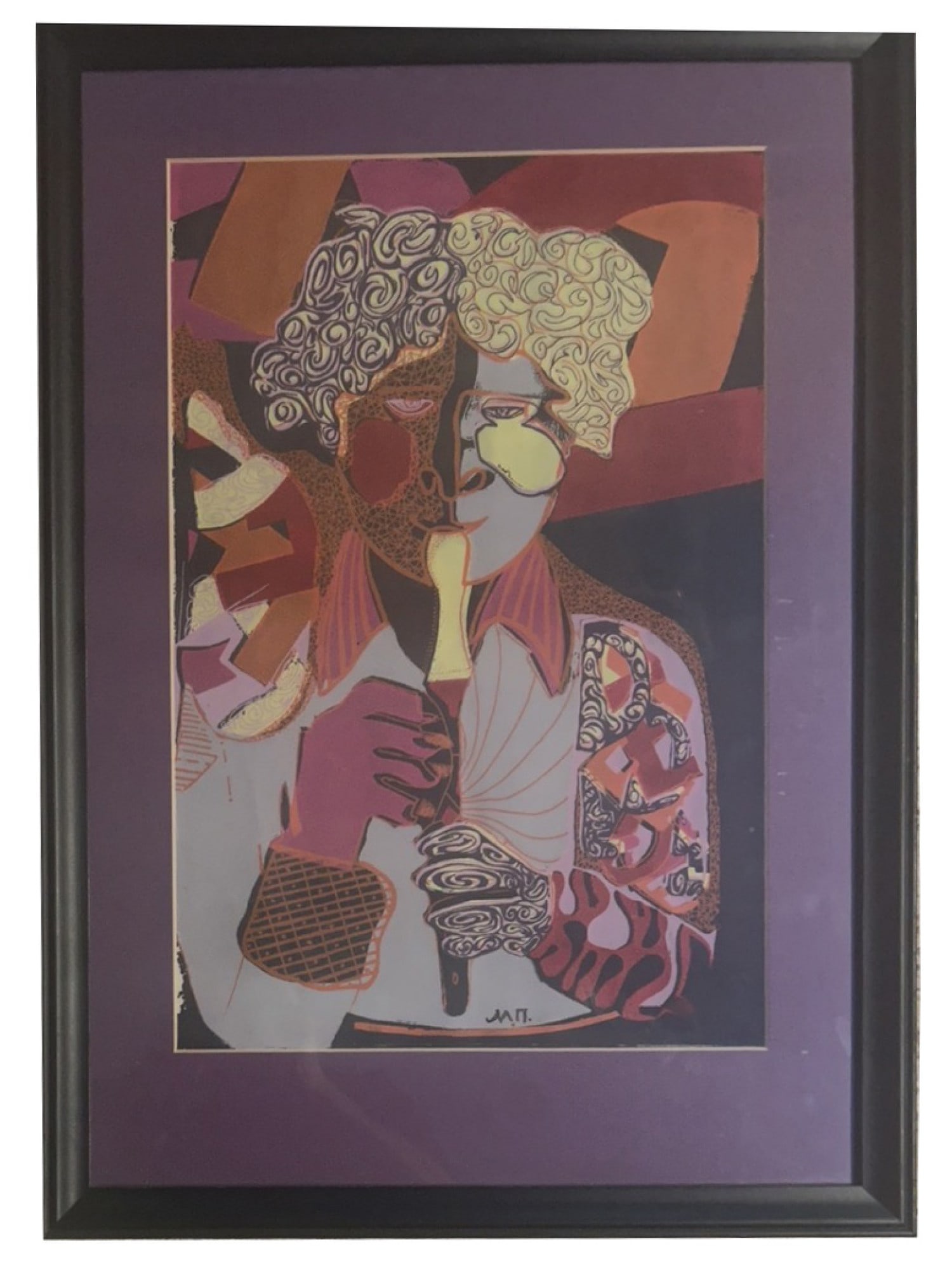 MARIA PRYMACHENKO UKRAINIAN PAINTING MUSICIAN PAN FLUTE: Maria Prymachenko, Ukrainian, 1909 to 1997, a mixed media painting on paper titled Musician Playing the Pan Flute. The work features fragmented Cubist forms, geometric patterning, and layered mixed-me