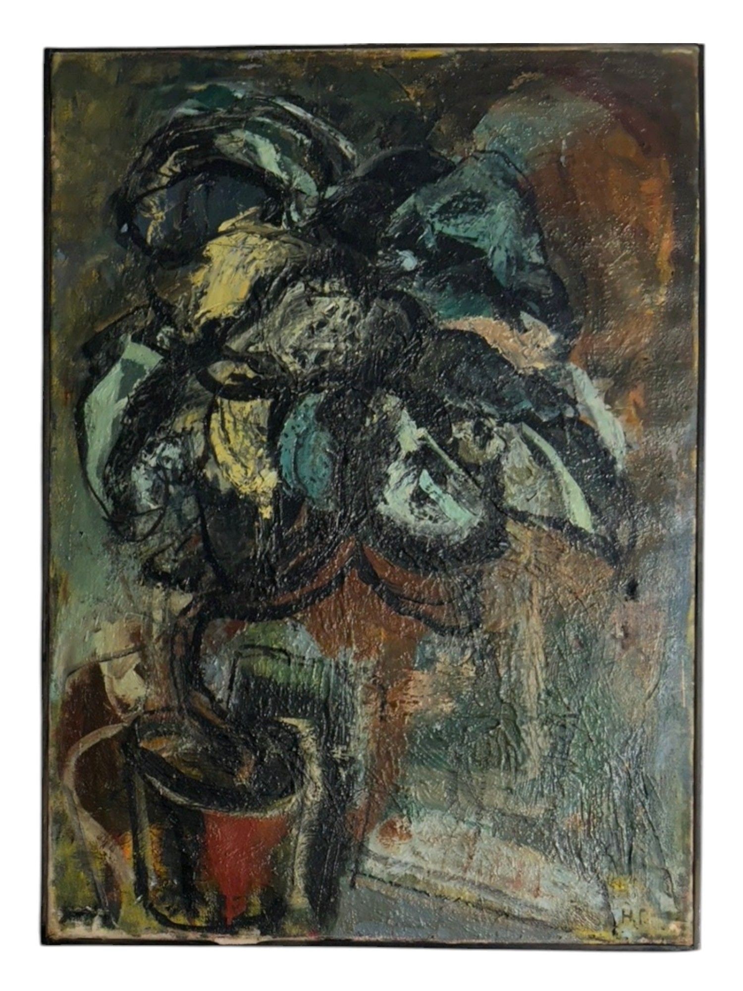 ATTR TO NATALIA GONCHAROVA RUSSIAN STILL LIFE PAINTING: Attributed to Natalia Goncharova, Russian, 1881 to 1962, oil painting on canvas. The artwork depicts a flower pot. Dated ca. 1950s. Signed with initials lower right. Framed. The artwork comes with a c