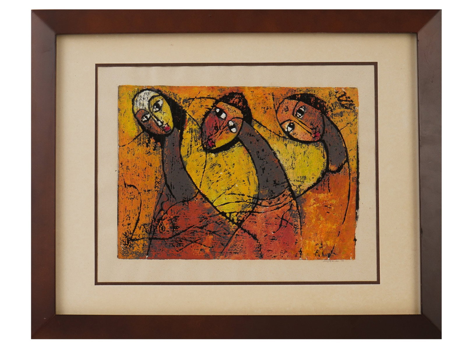 EXPRESSIONIST MIXED MEDIA PAINTING BY MUGAH 2008: An Expressionist mixed media painting on paper by Mugah, 2008. The painting depicts three stylized figures rendered with bold black outlines against a textured background of ochre and terracotta tones