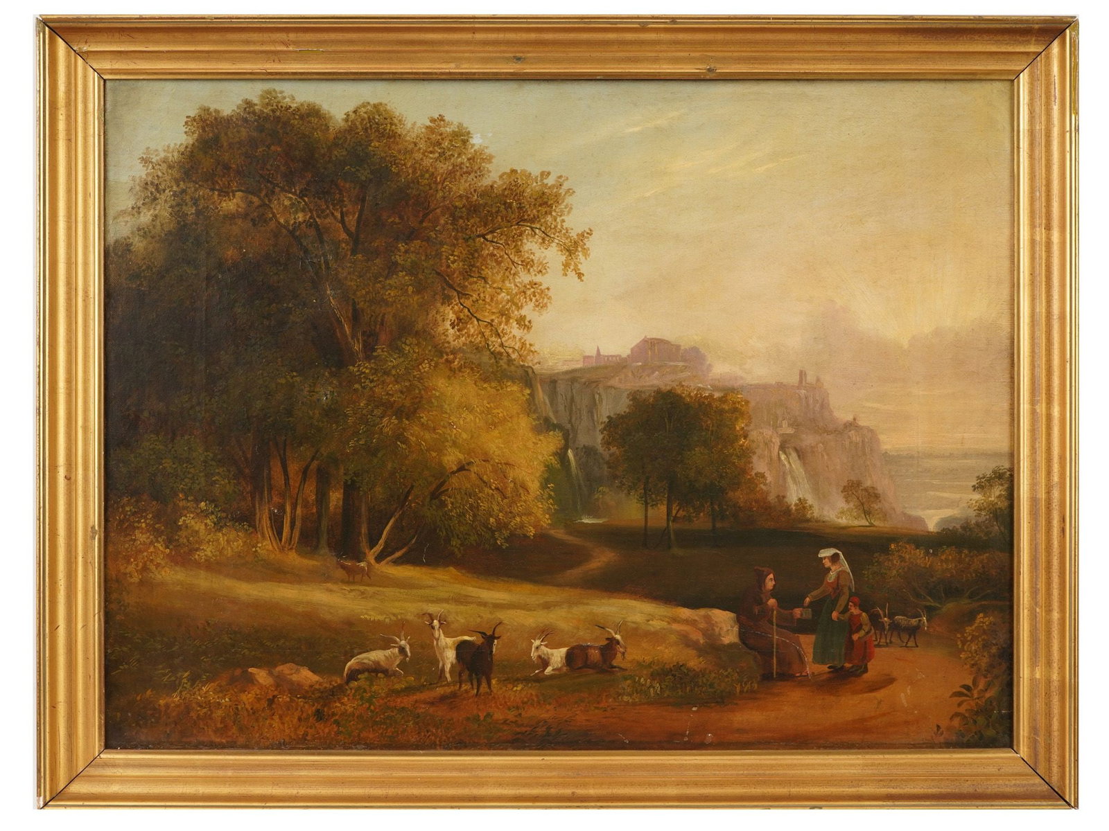 ANTIQUE EUROPEAN SCHOOL OIL LANDSCAPE PAINTING: An antique European school oil on canvas landscape painting. The painting depicts a pastoral landscape with a beggar asking for alms, a woman with a child, and goats grazing nearby, against a backdrop
