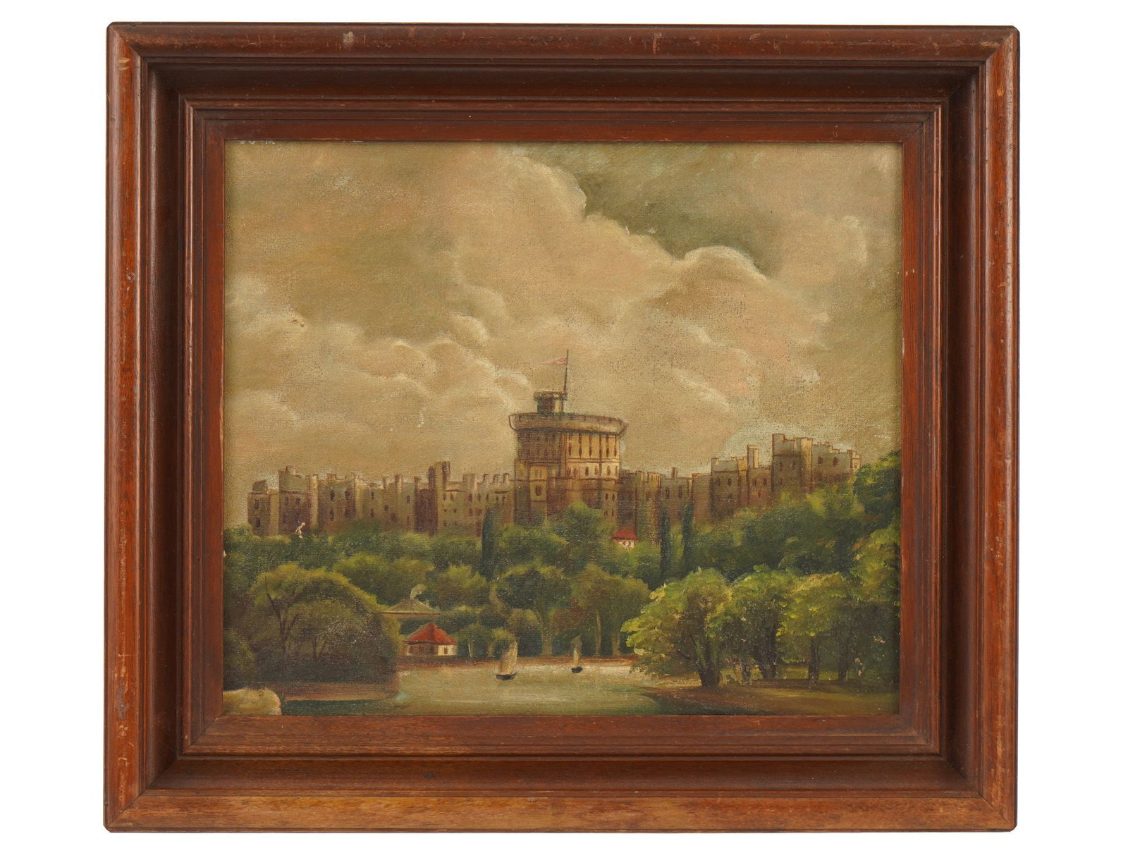 BRITISH SCHOOL WINDSOR CASTLE LANDSCAPE OIL PAINTING: A British School oil painting on cardboard depicting a Windsor castle landscape view. Unsigned. Framed. Victorian Fine Art, English Countryside, Architectural Oil Paintings, Wall Art, and Collectibles
