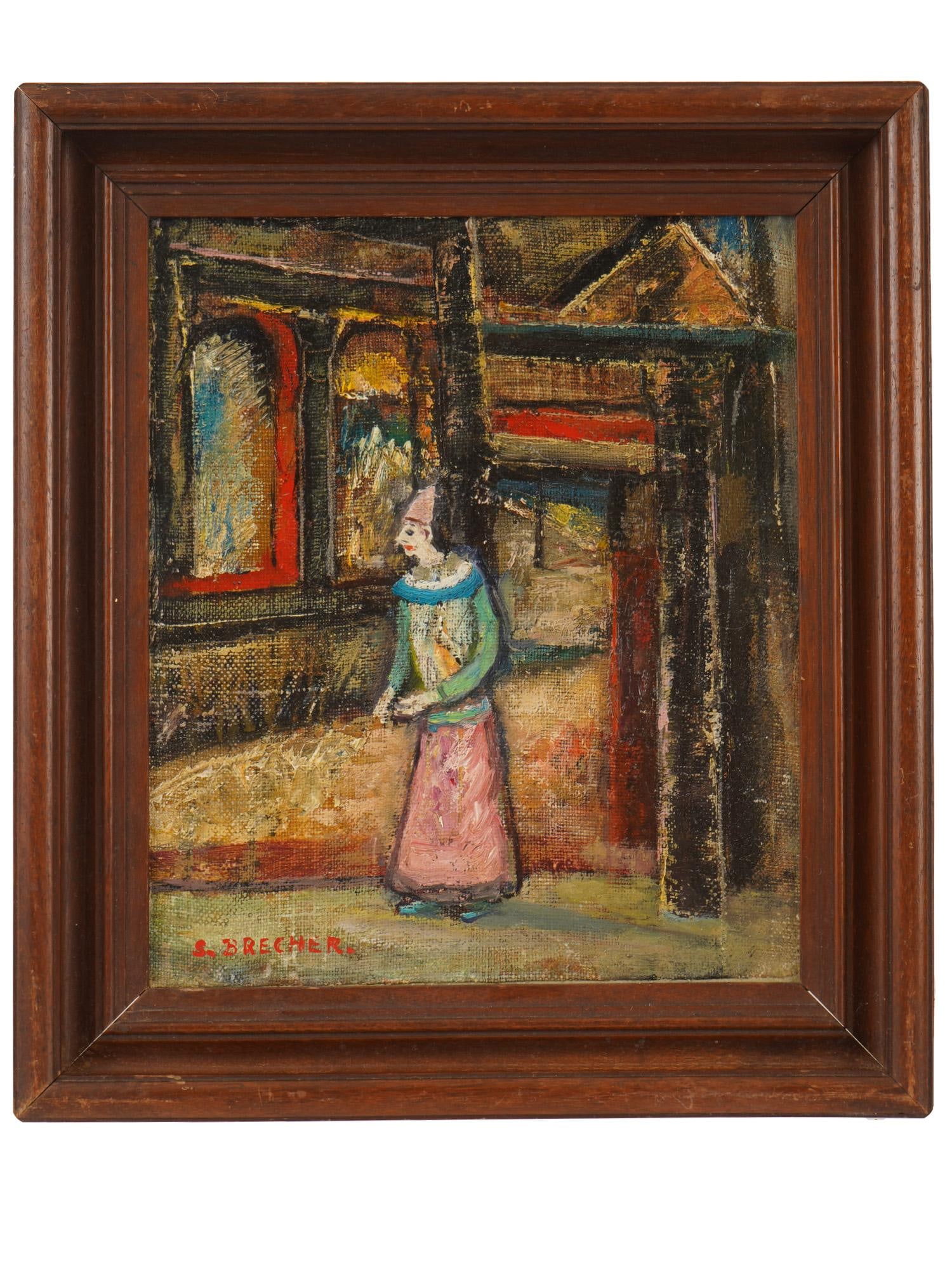 AUSTRIAN EXPRESSIONIST OIL PAINTING BY SAMUEL BRECHER: Samuel Brecher, Austrian, 1897 to 1982, an oil painting on board depicting a scene with a clown. Signed lower left. Framed. Samuel Brecher was an American Expressionist painter, printmaker, and educat
