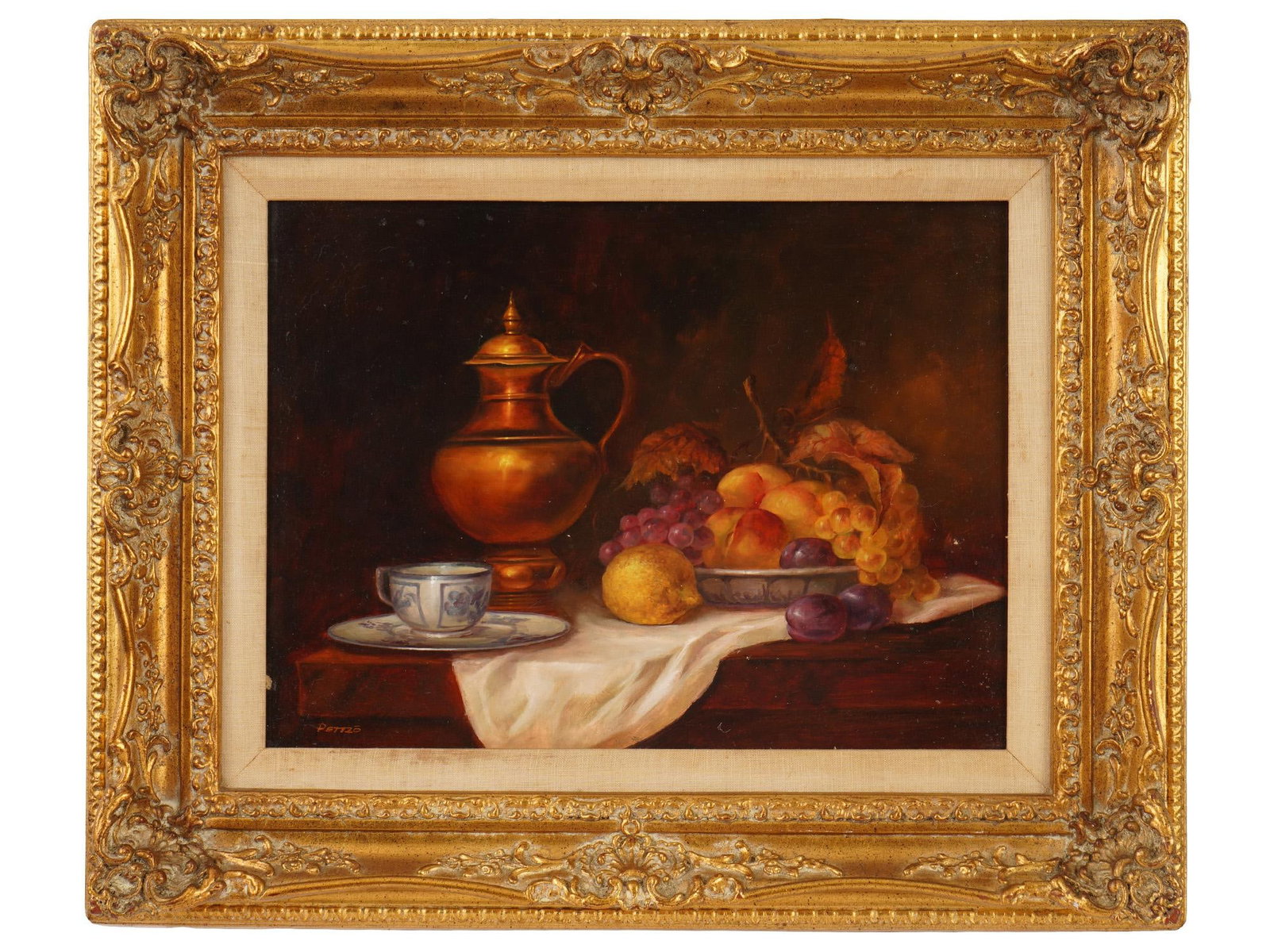 HUNGARIAN FRUIT STILL LIFE OIL PAINTING BY PETRO: Petro, a 20th century Hungarian artist, oil painting on board depicting a still life with fruits. Signed lower left. Framed. Petro was a Hungarian painter, known for his old master Dutch painting mann