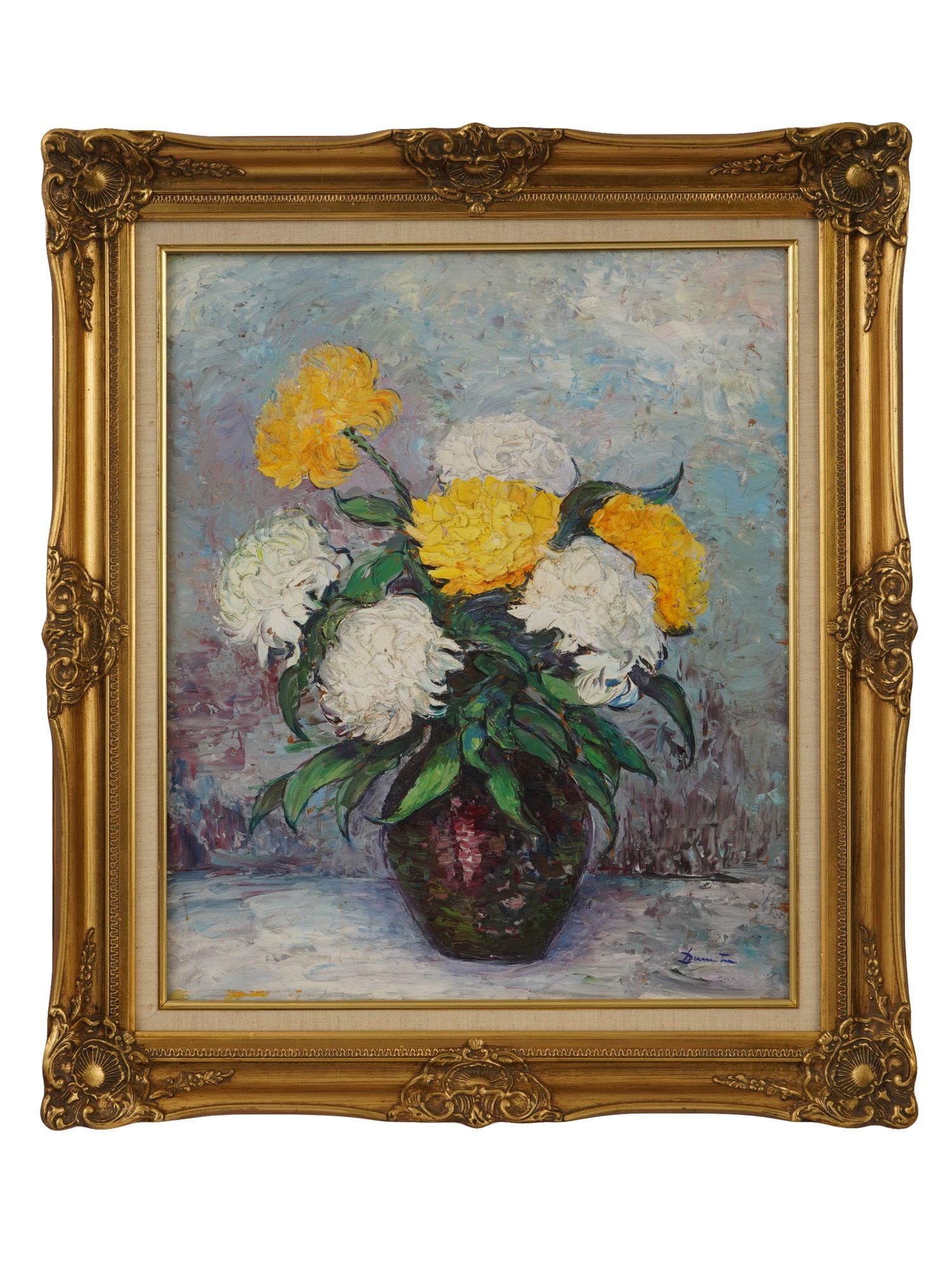 IMPRESSIONIST FLORAL STILL LIFE OIL PAINTING SIGNED: Oil painting on masonite. Still life with a vase of chrysanthemum flowers. Impressionist pictorial manner, impasto technique. Illegibly signed lower right. Dated late 20th century. Framed. Collectible