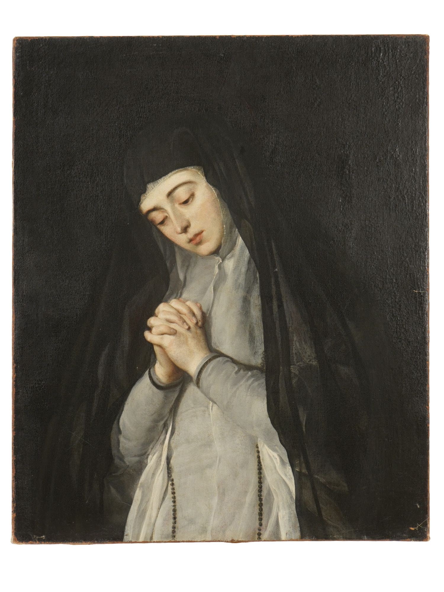 ANTIQUE 19TH C OIL PAINTING PORTRAIT OF A NUN: Oil painting on canvas. European, early 19th century. Portrait of a Catholic nun in prayer. Unsigned. Unframed. Collectible Fine Art, Figurative Painting, Portraiture, Christian Art. THIS LOT IS ELIGI
