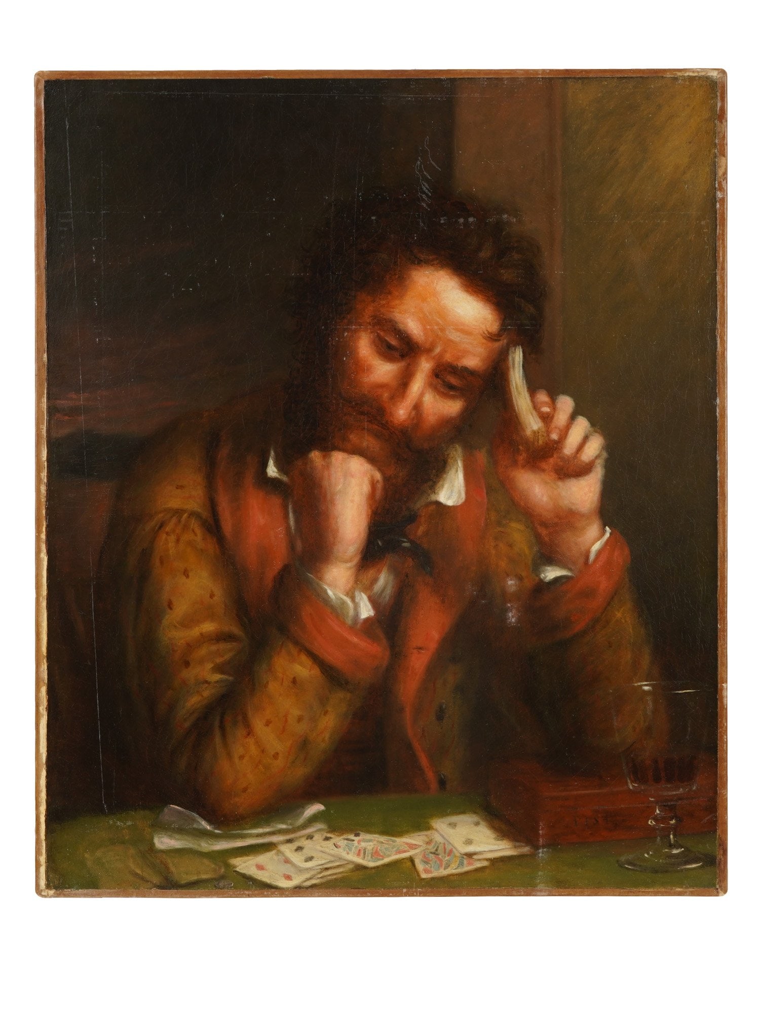 ANTIQUE 19TH C EUROPEAN MALE PORTRAIT OIL PAINTING: Oil painting on canvas. European, mid to late 19th century. Portrait of a man playing cards, in deep thought due to a loss or a difficult game situation. Unsigned. Unframed. Collectible Fine Art, Figu