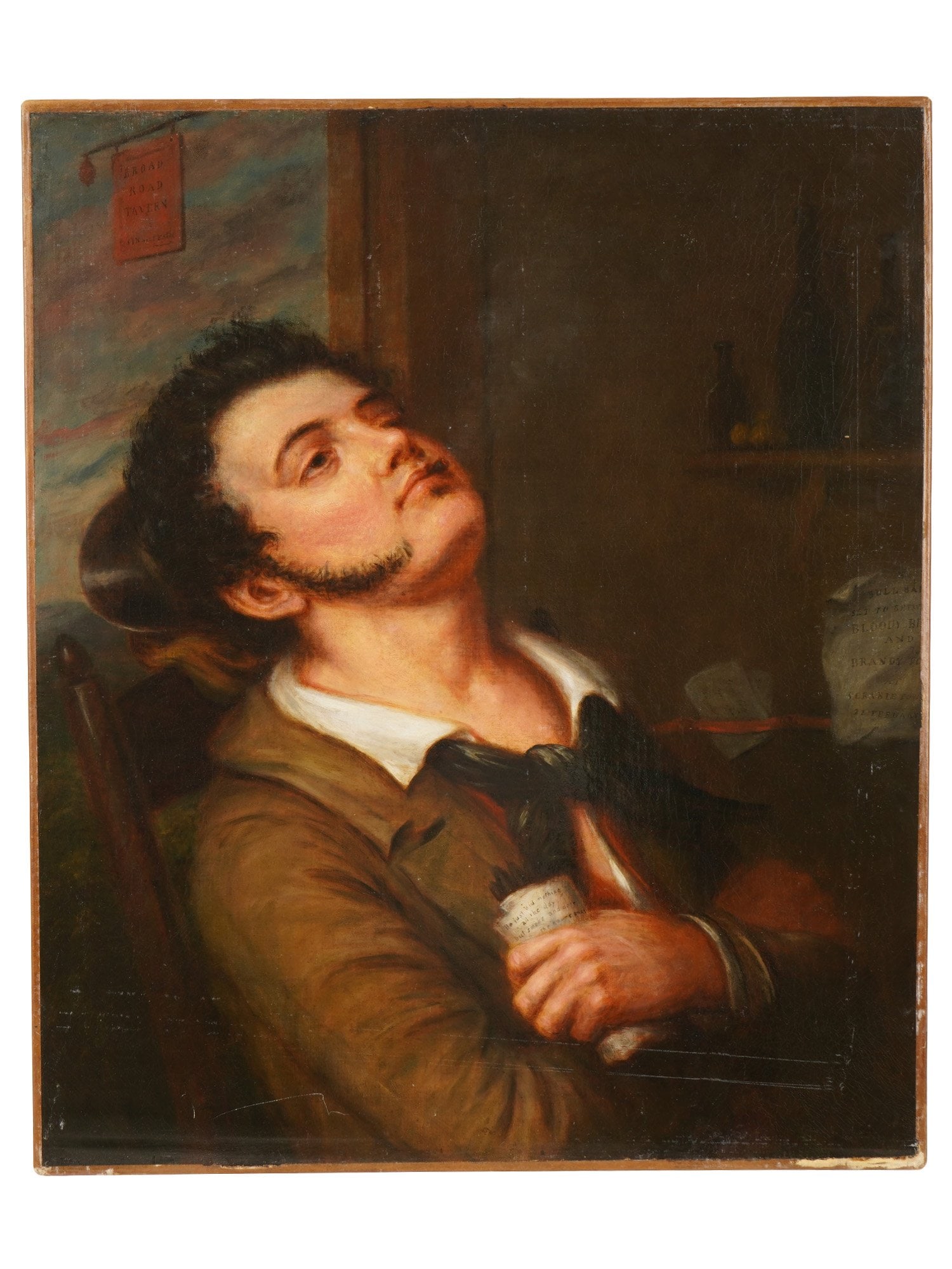 ANTIQUE 19TH C ENGLISH MALE PORTRAIT OIL PAINTING: Oil painting on canvas. American or English school, 19th century. Portrait of a young man with sideburns, leaning back on the tavern chair. He is depicted holding a piece of paper with inscribed poem: