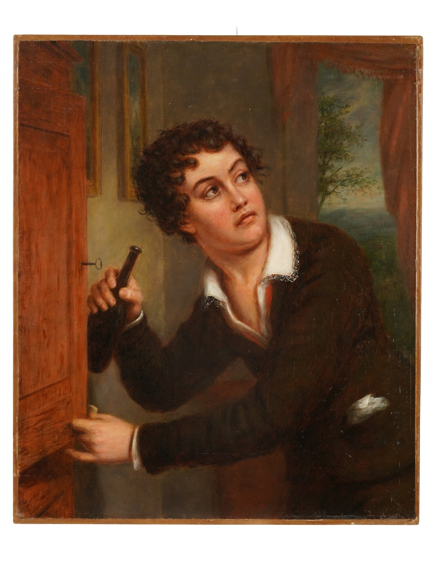 ANTIQUE 19TH C ENGLISH MALE PORTRAIT OIL PAINTING: Oil painting on canvas. American or English school, 19th century. Portrait of a young man stealing a bottle of wine from the cupboard. Unsigned. Unframed. Collectible Fine Art, Figurative Painting, Re