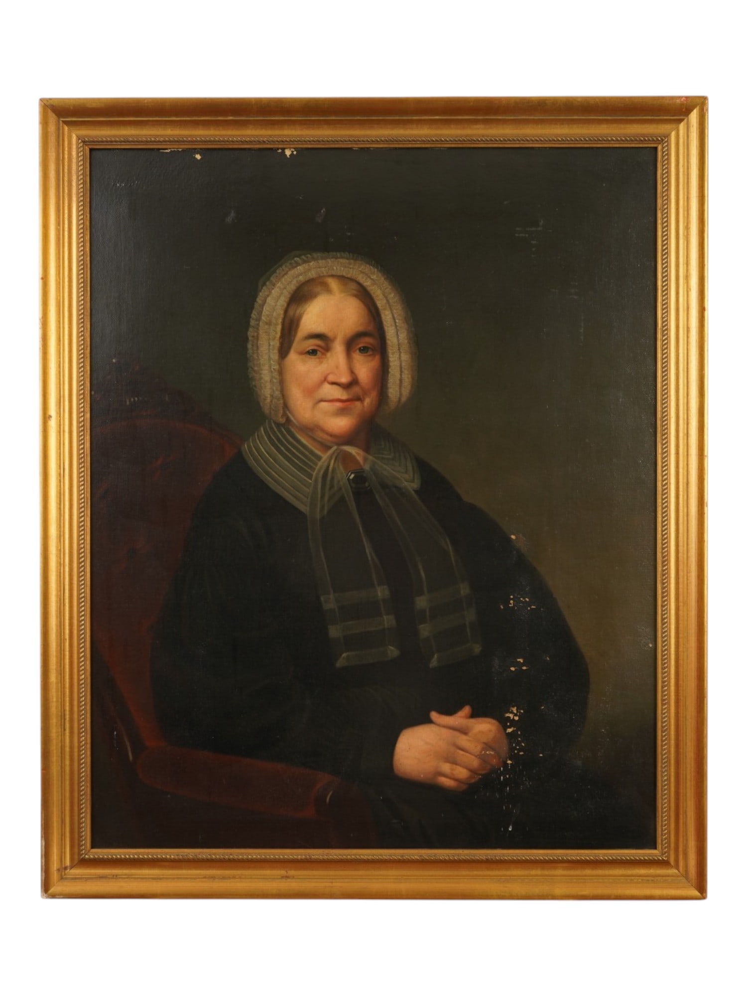 ANTIQUE AMERICAN SCHOOL FEMALE PORTRAIT OIL PAINTING: Oil painting board. American school, early to mid 19th century. Portrait of an old woman in chair. Unsigned. Framed. Alexander Gallery NY label on the backside. Collectible Fine Art, Figurative Painti
