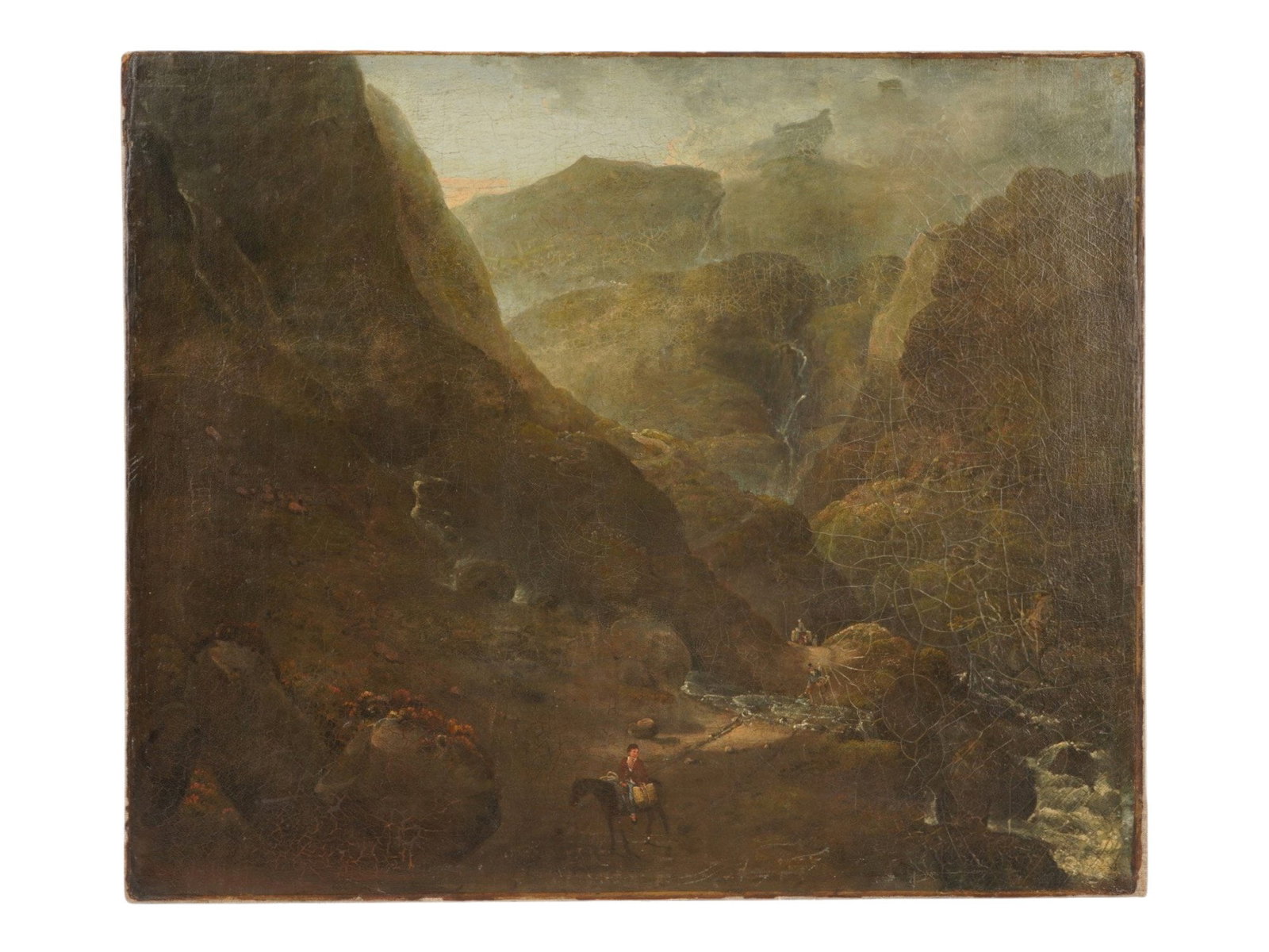 ANTIQUE 18TH C MOUNTAIN LANDSCAPE OIL PAINTING: Oil painting on canvas. European, mid to late 18th century. The artwork depicts a mountain valley with travelers moving along the stream. Unsigned. Unframed. Collectible Fine Art, Figurative Painting,