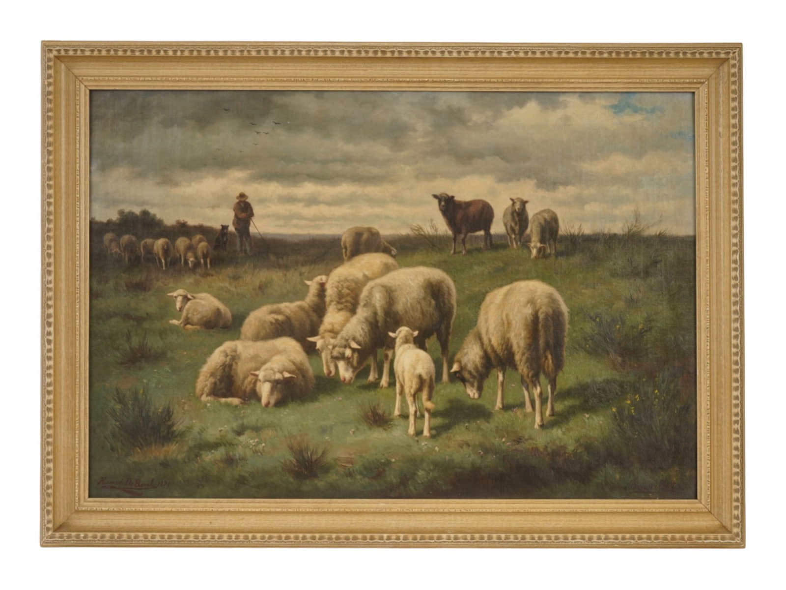 HENRI DE BEUL BELGIAN OIL PAINTING OF SHEEP 1891: Henri de Beul, Belgian, 1845 to 1900, oil painting on canvas. The artwork depicts a shepherd with a flock of sheep in landscape scenery. Signed and dated 1891 lower left. Framed. Affitionally inscribe